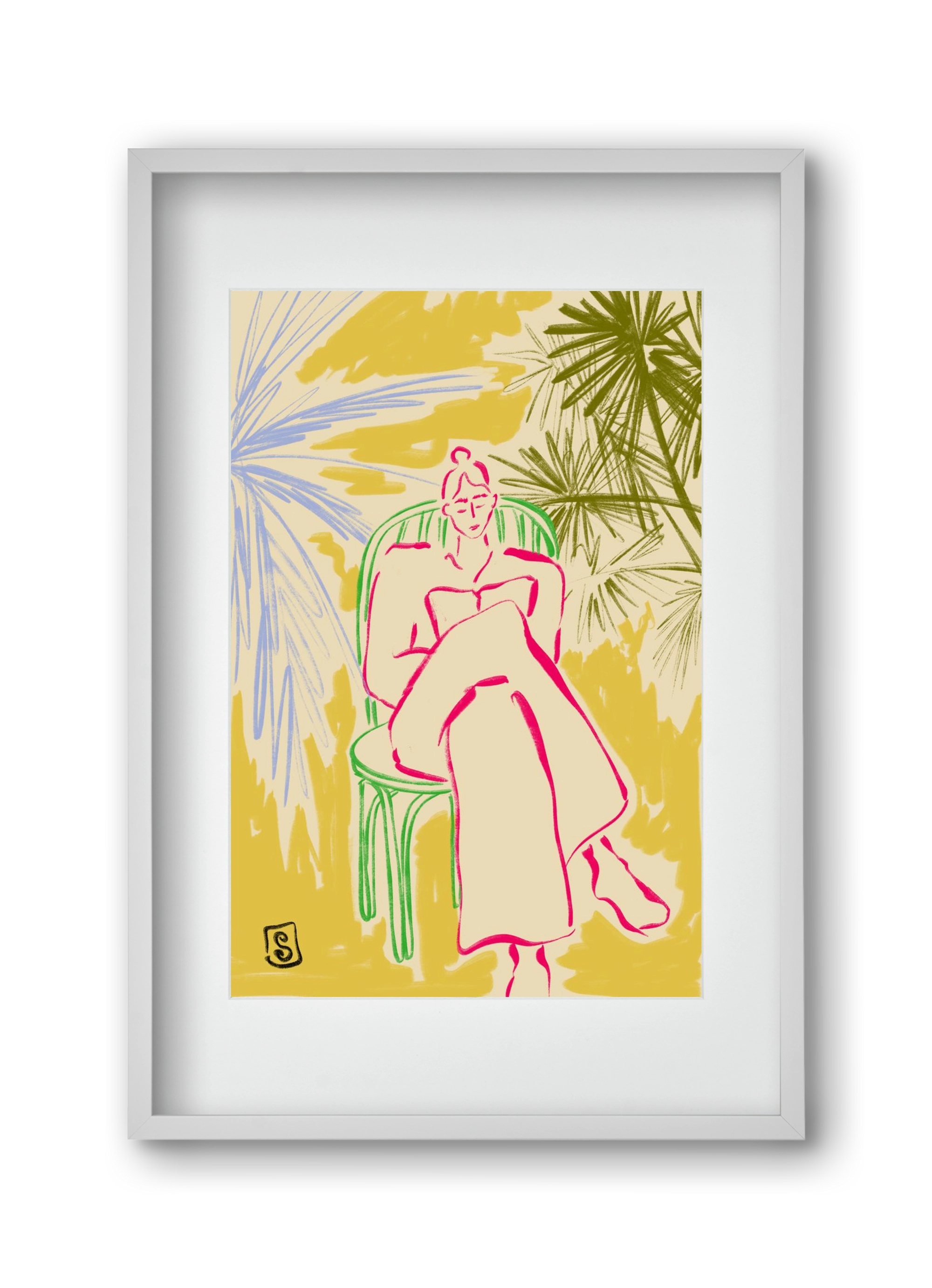 READING AMONG PALM TREES, 30x45 cm (20x30 cm), Fehér keret, paszpartuval