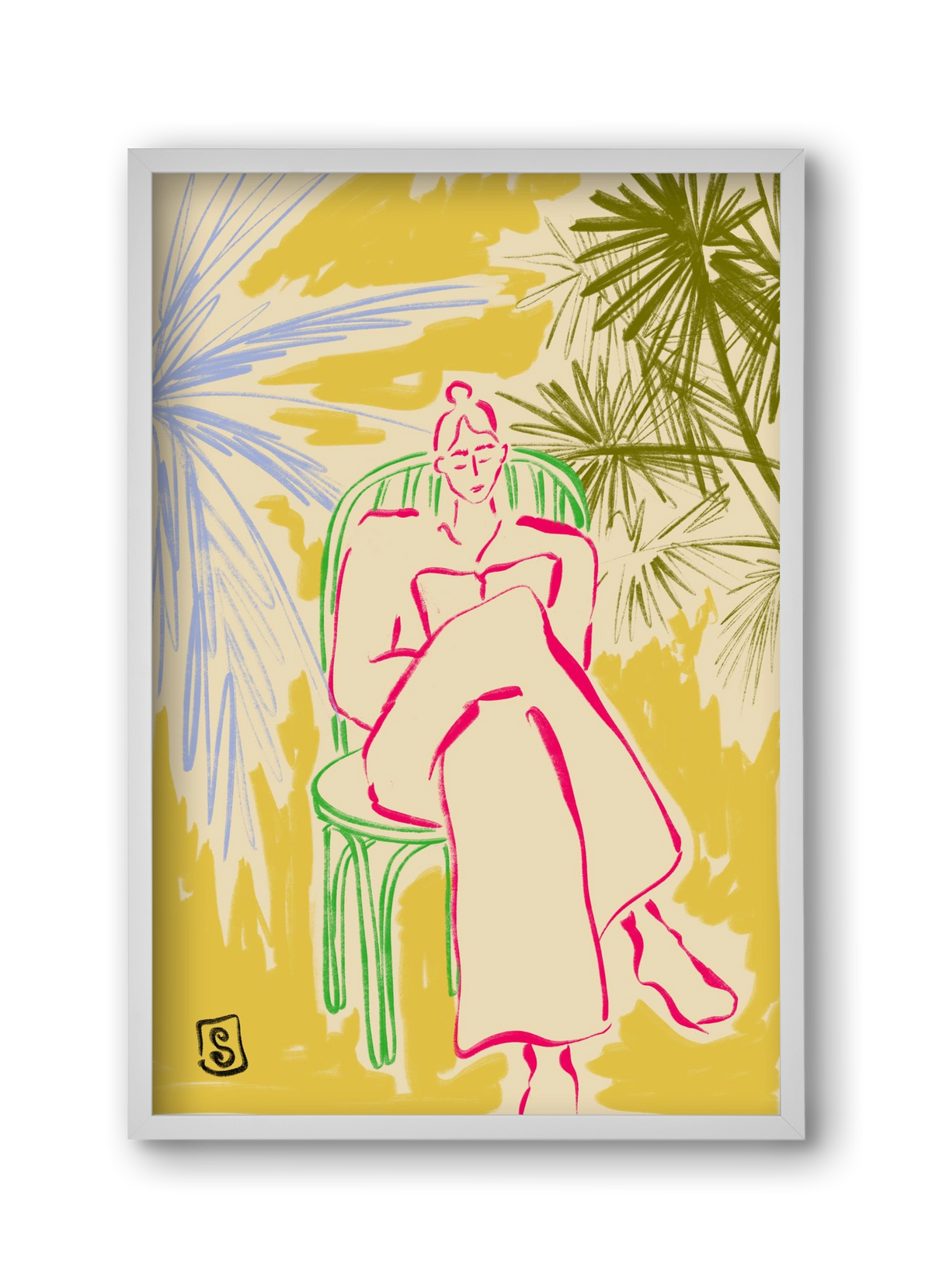 READING AMONG PALM TREES, 30x45 cm (30x45 cm), Fehér keret