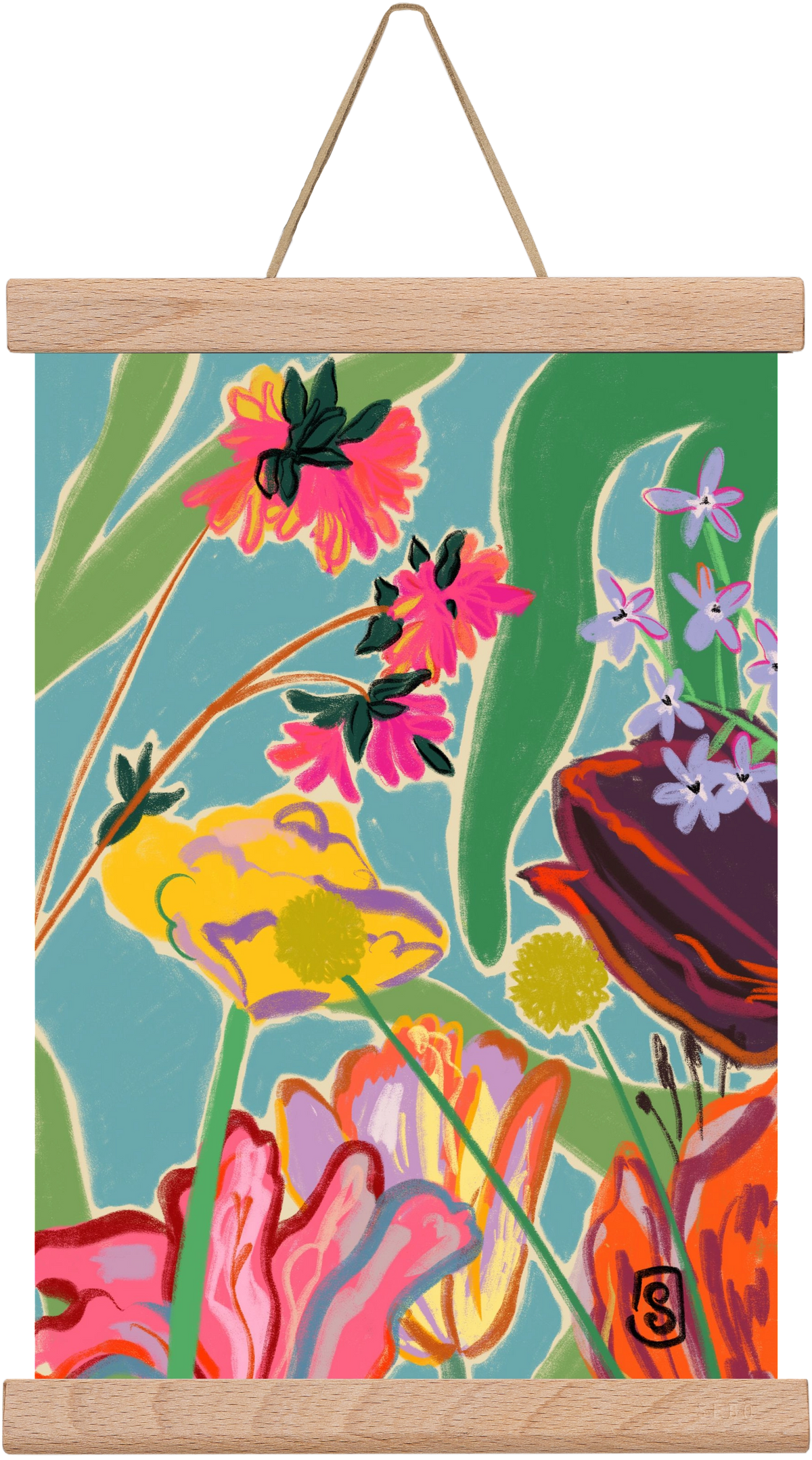 COLOURFUL FLOWERS MEDITATION, 20x30 cm (20x30 cm), Tölgy akasztó