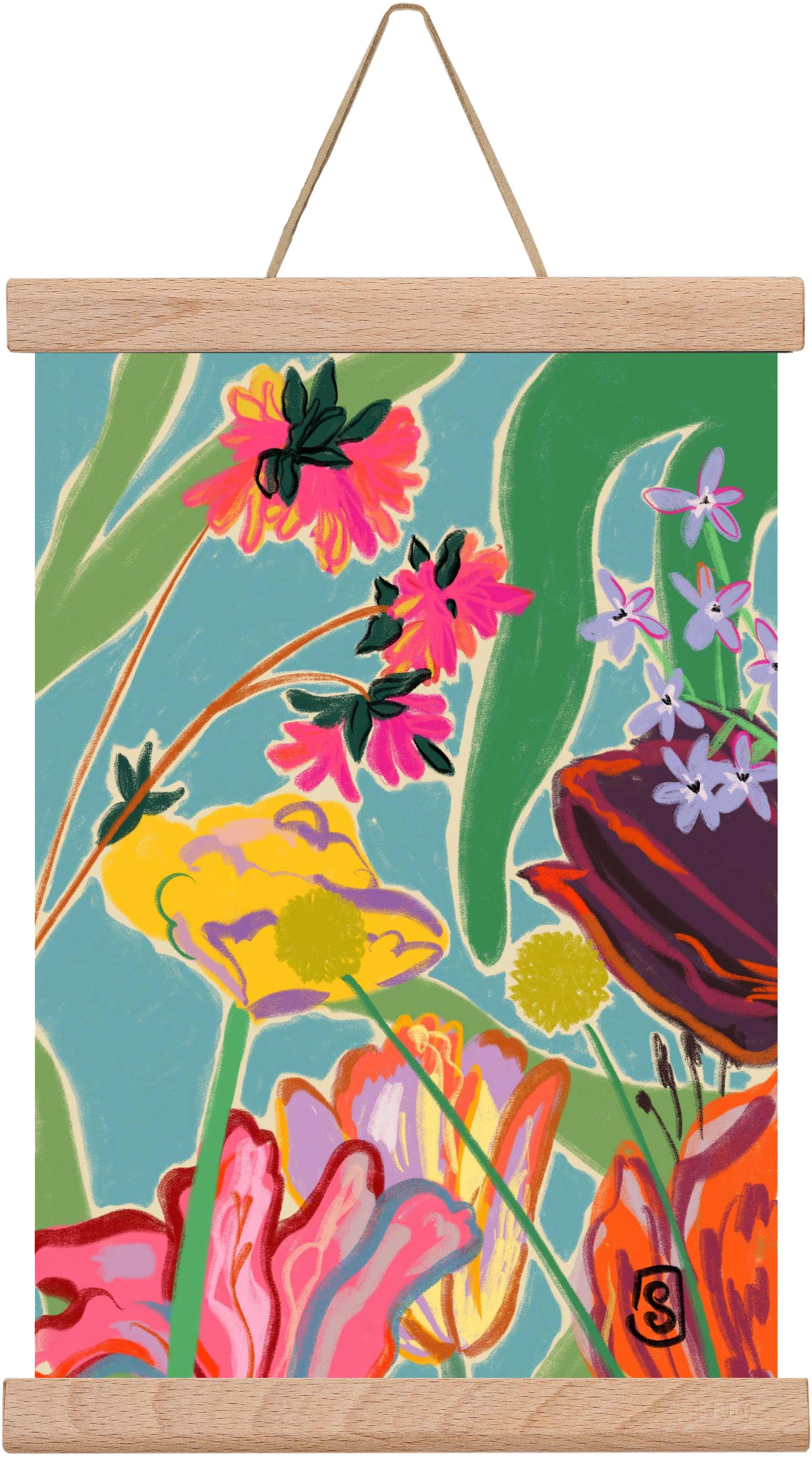 COLOURFUL FLOWERS MEDITATION, 20x30 cm (20x30 cm), Tölgy akasztó