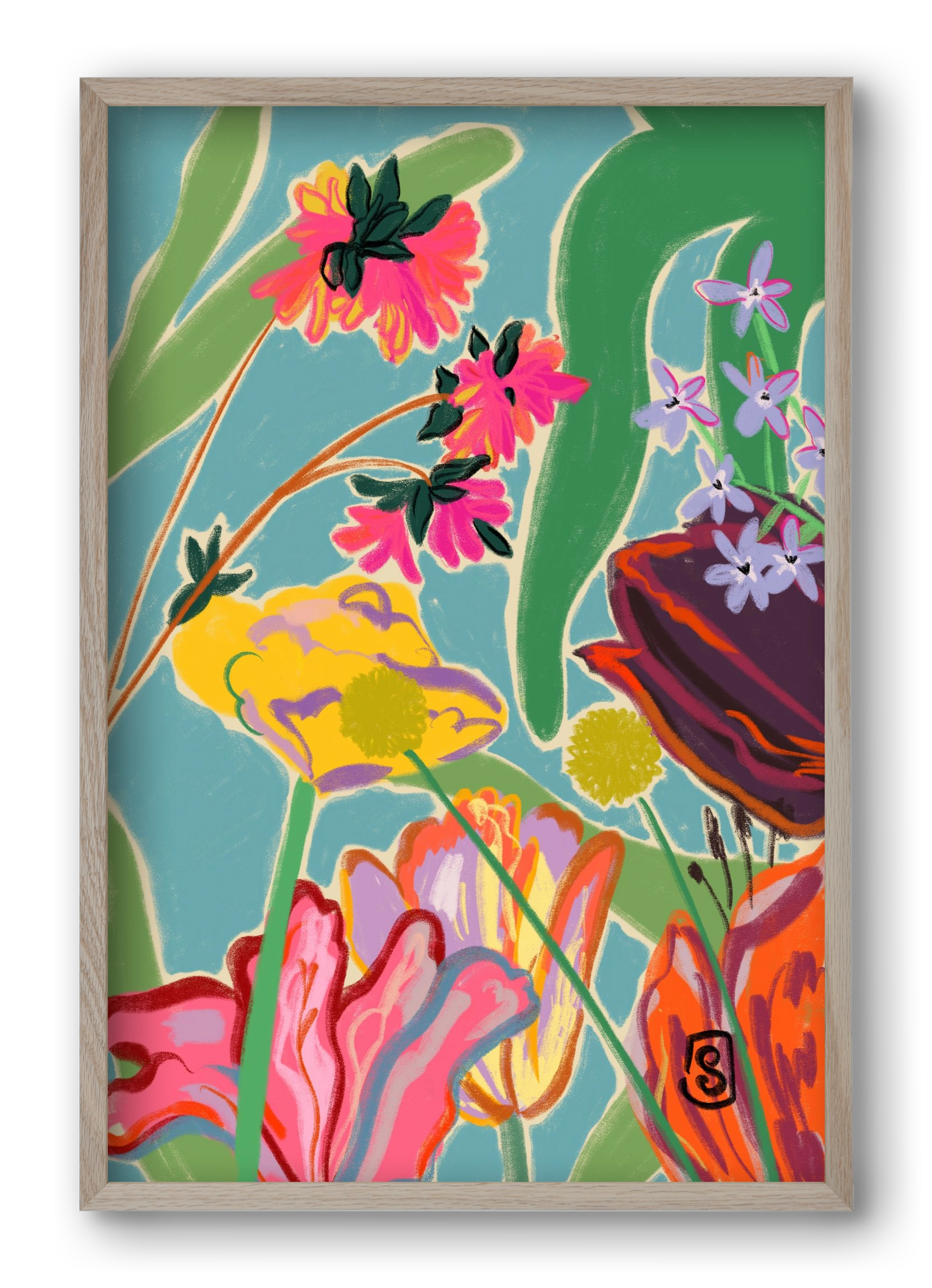 COLOURFUL FLOWERS MEDITATION, 40x60 cm (40x60 cm), Tölgy keret