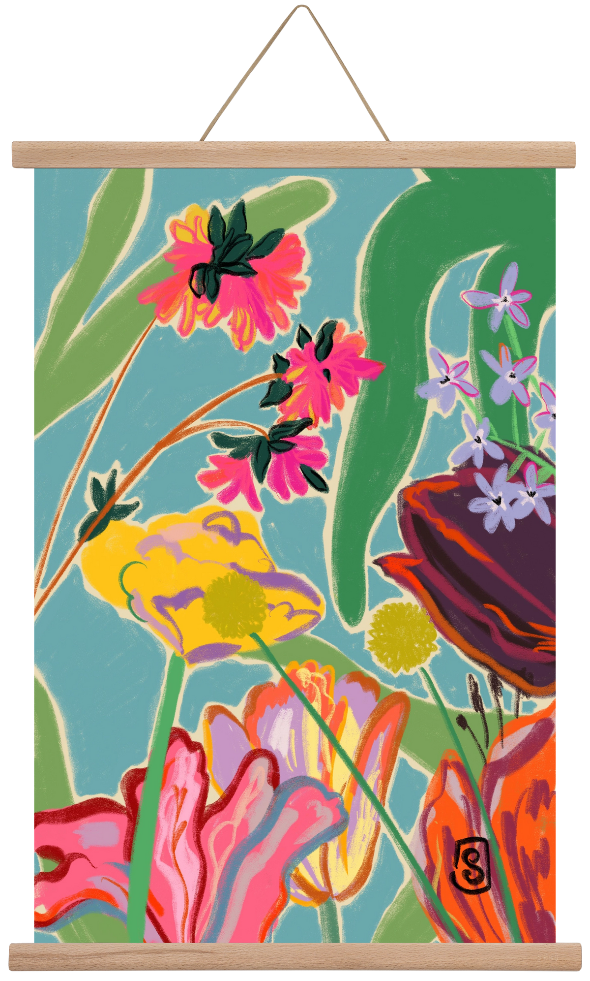 COLOURFUL FLOWERS MEDITATION, 40x60 cm (40x60 cm), Tölgy akasztó