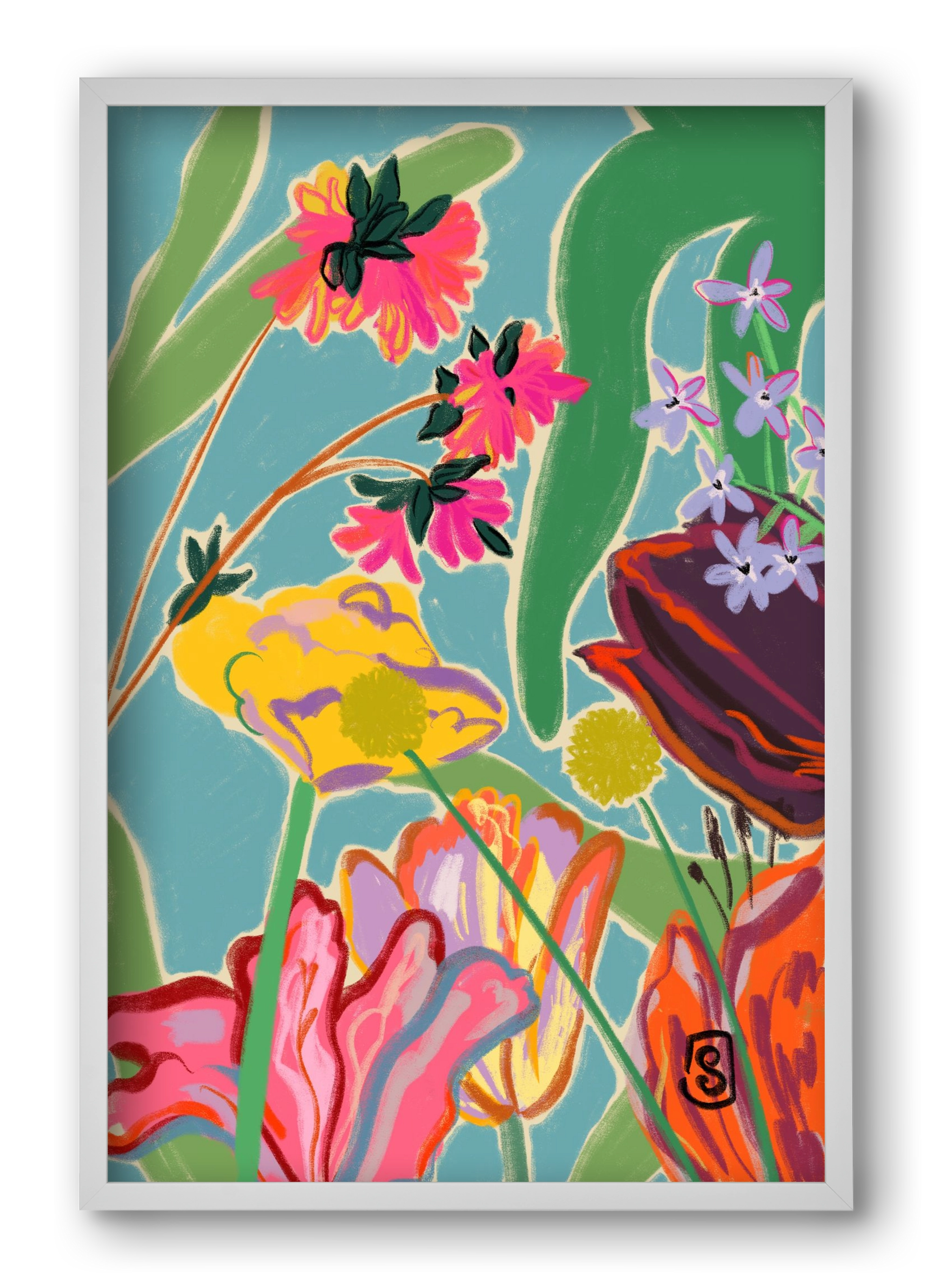 COLOURFUL FLOWERS MEDITATION, 40x60 cm (40x60 cm), Fehér keret