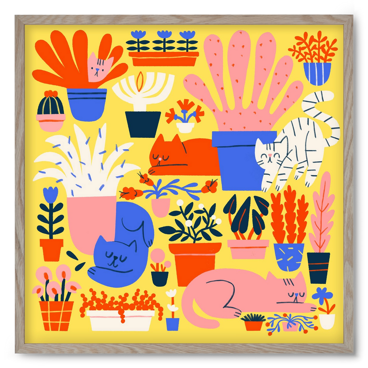 Five cats among flowers, 50x50 cm (50x50 cm), Tölgy keret