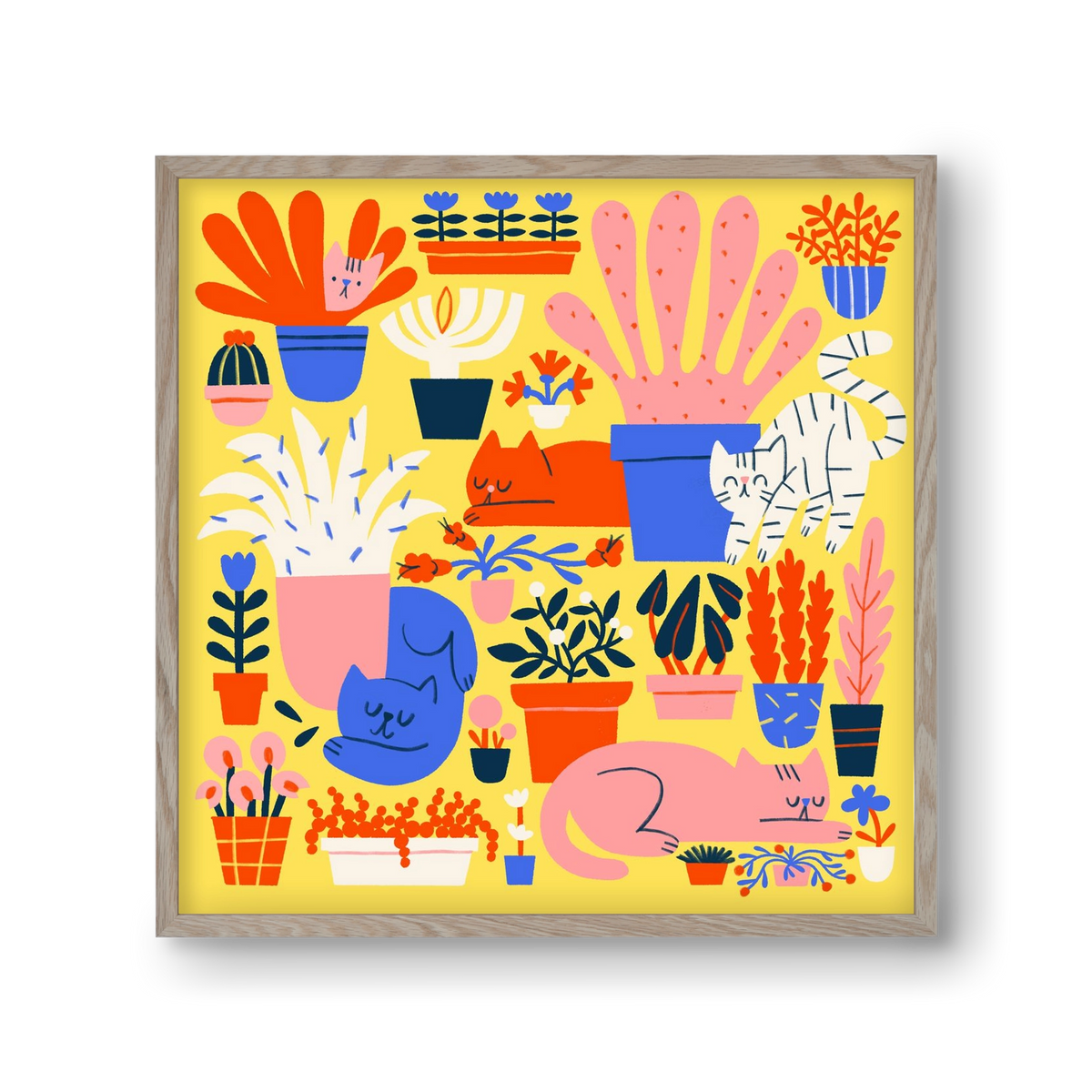 Five cats among flowers, 30x30 cm (30x30 cm), Tölgy keret