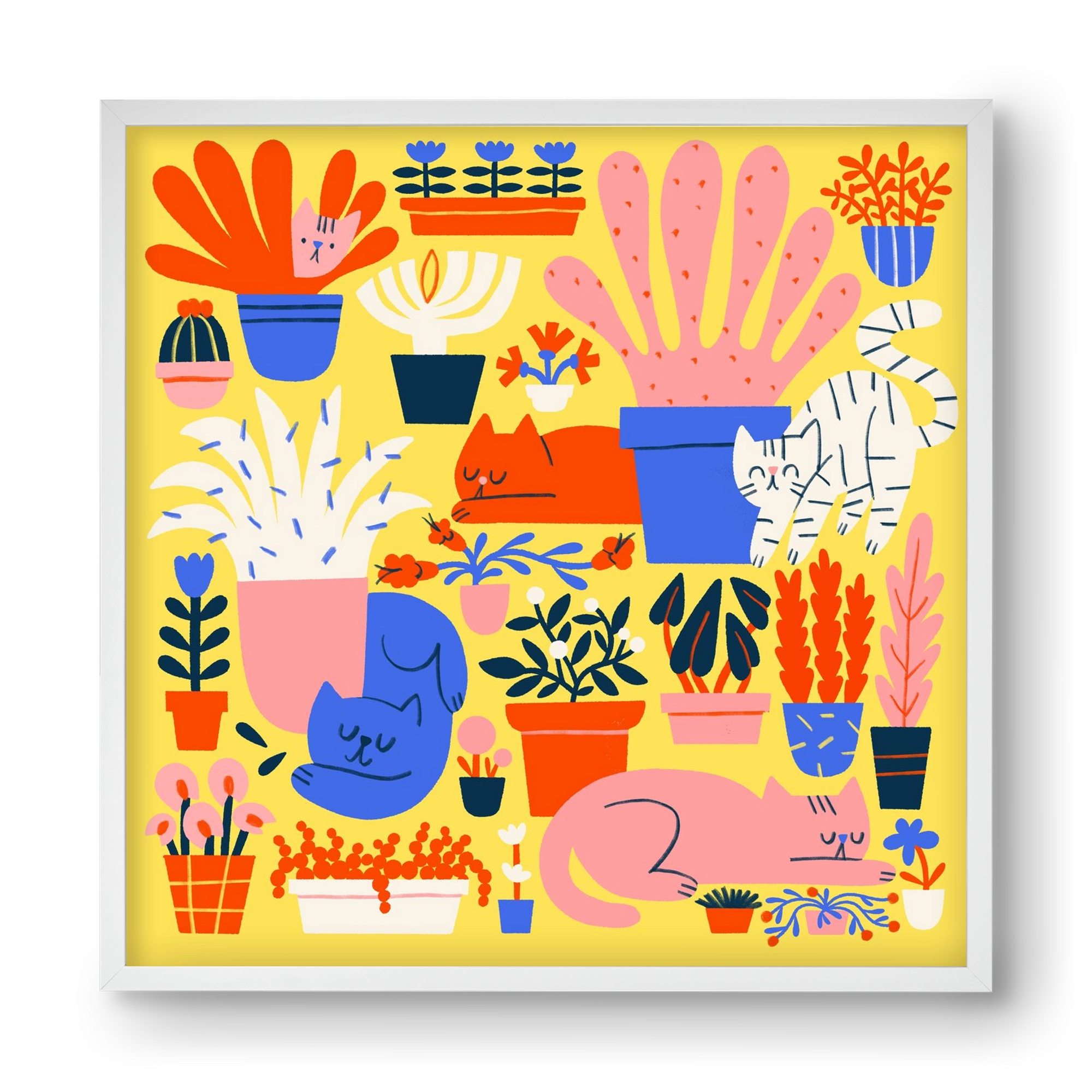 Five cats among flowers, 40x40 cm (40x40 cm), Fehér keret