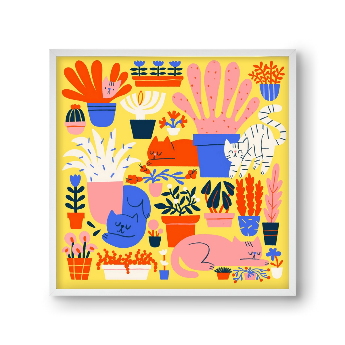 Five cats among flowers, 30x30 cm (30x30 cm), Fehér keret