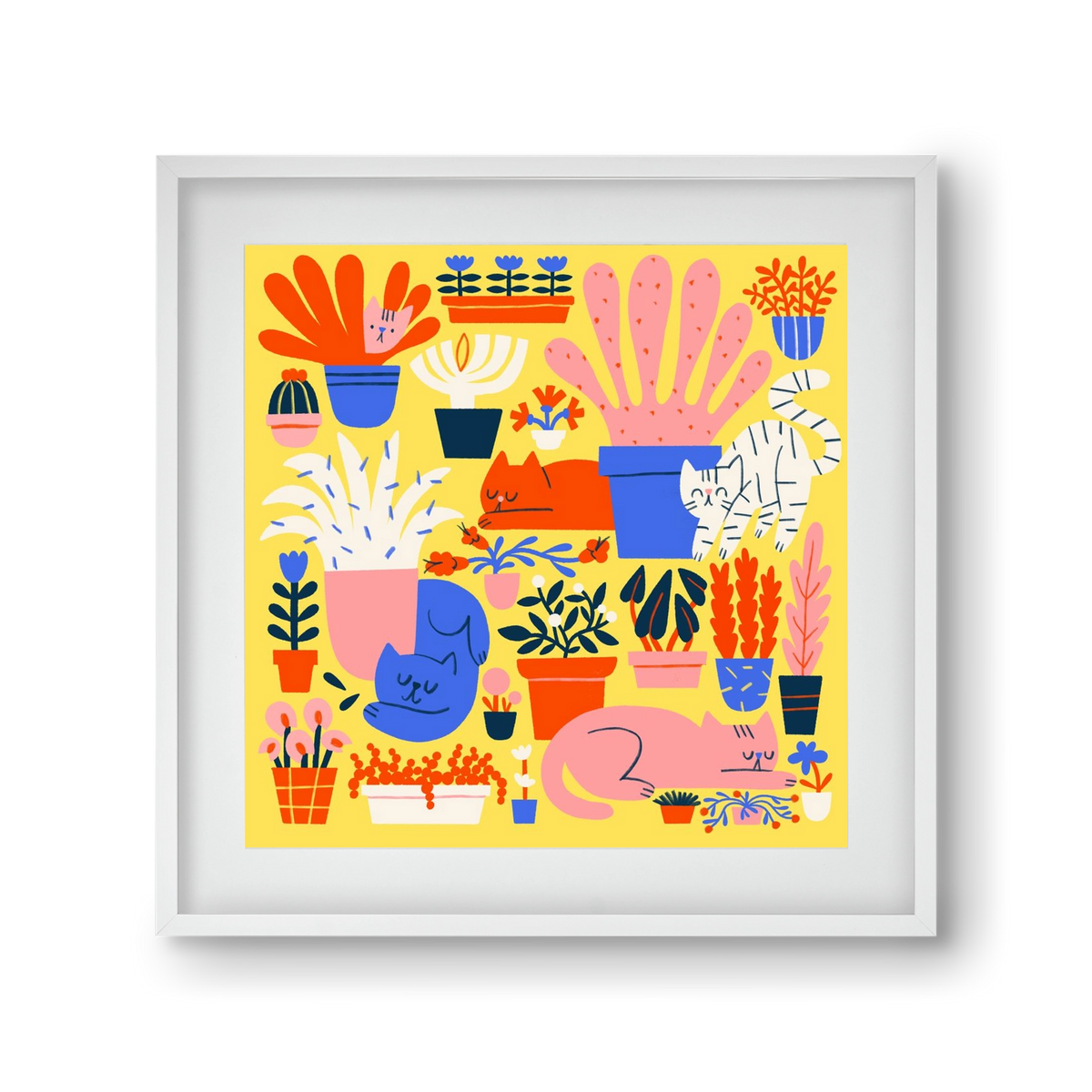 Five cats among flowers, 30x30 cm (20x20 cm), Fehér keret, paszpartuval