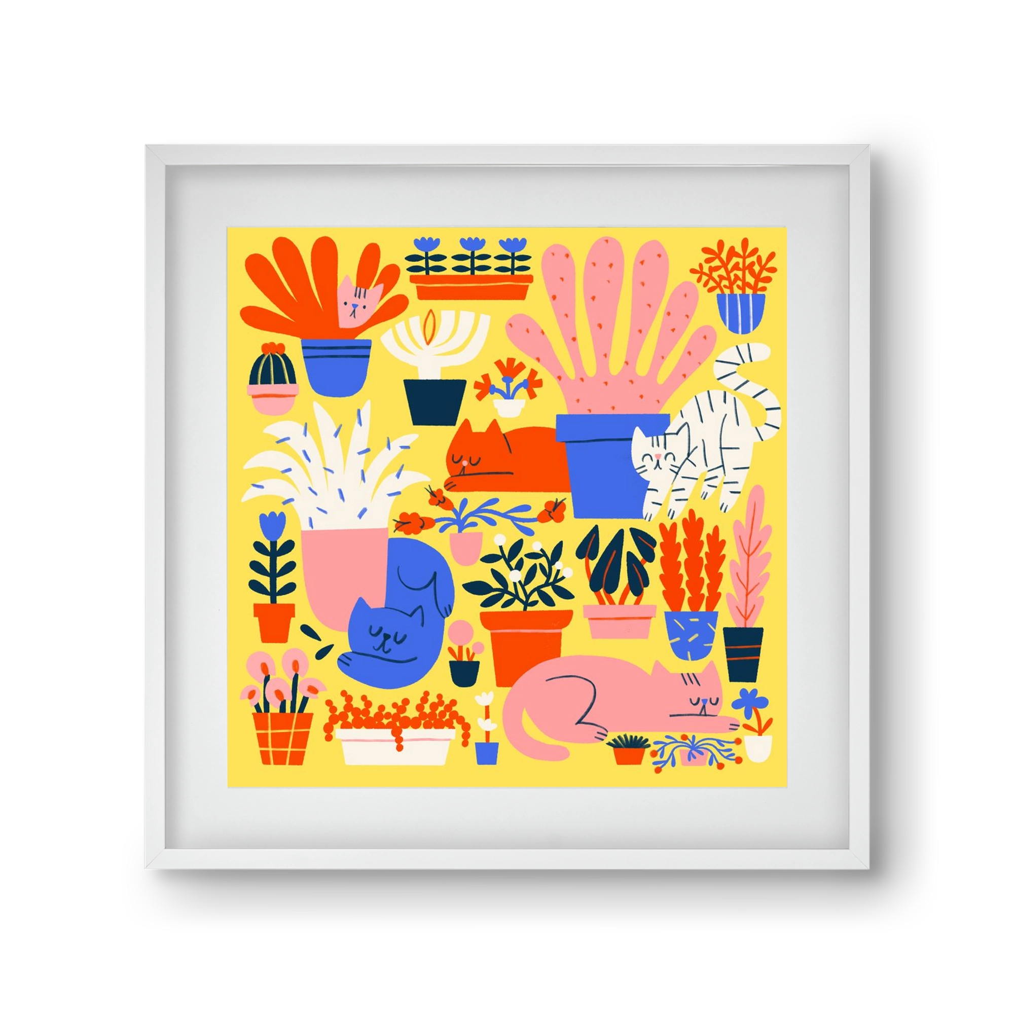 Five cats among flowers, 30x30 cm (20x20 cm), Fehér keret, paszpartuval