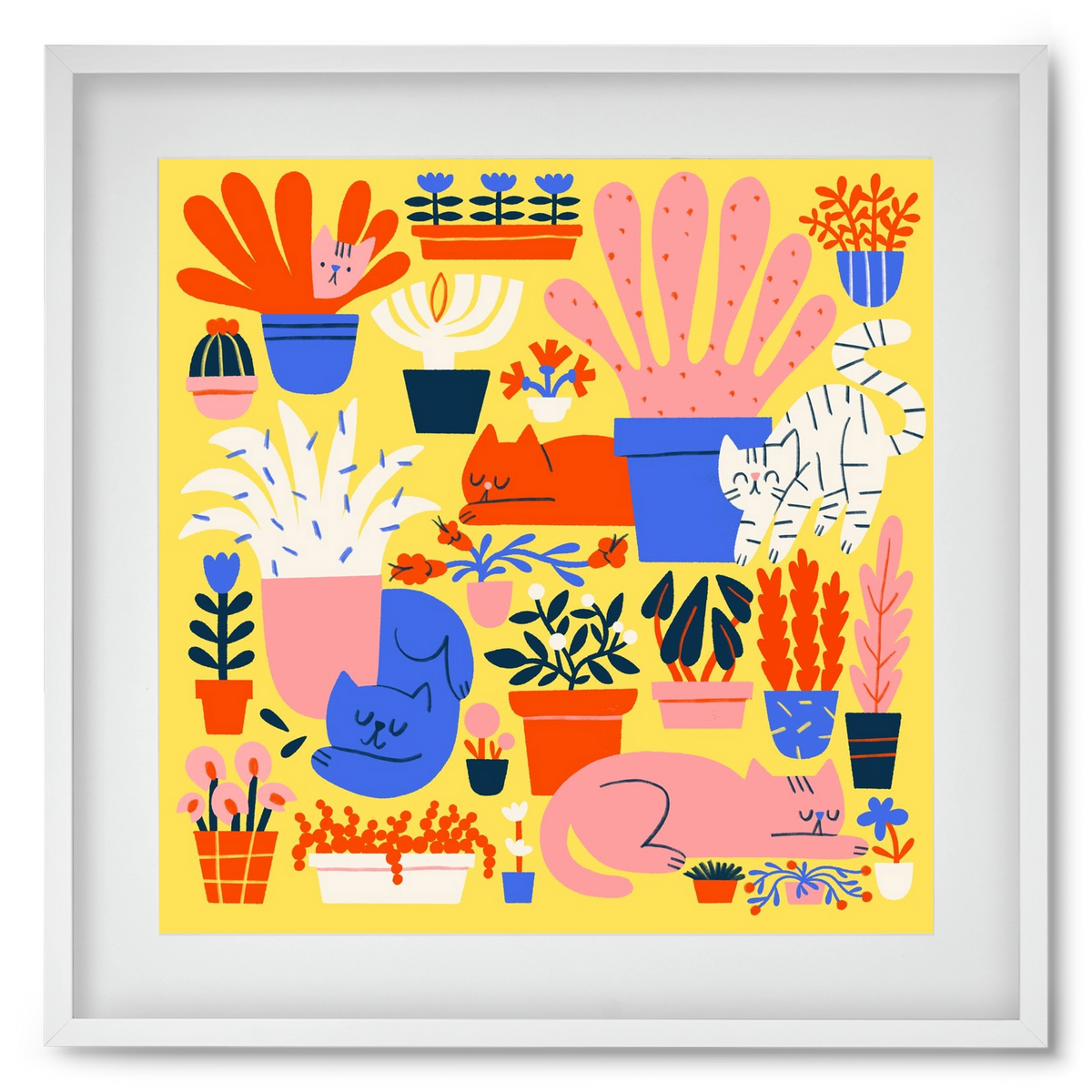 Five cats among flowers, 50x50 cm (40x40 cm), Fehér keret, paszpartuval