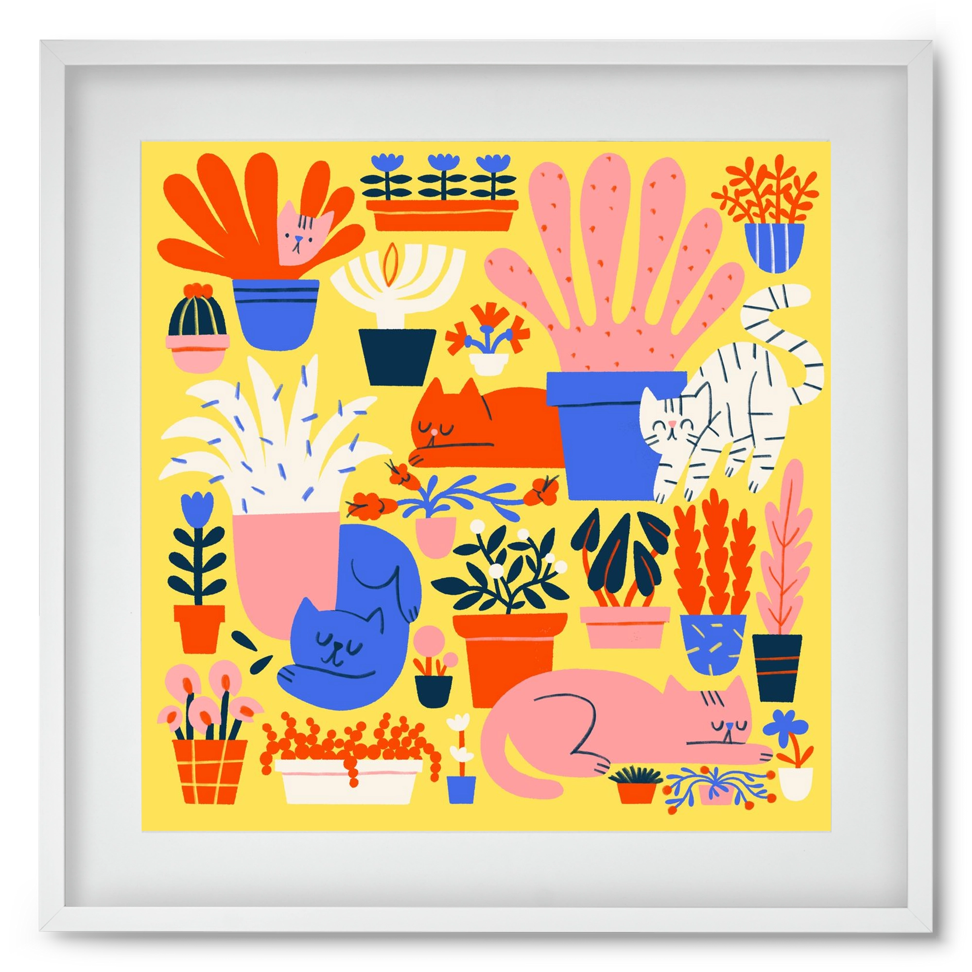 Five cats among flowers, 50x50 cm (40x40 cm), Fehér keret, paszpartuval