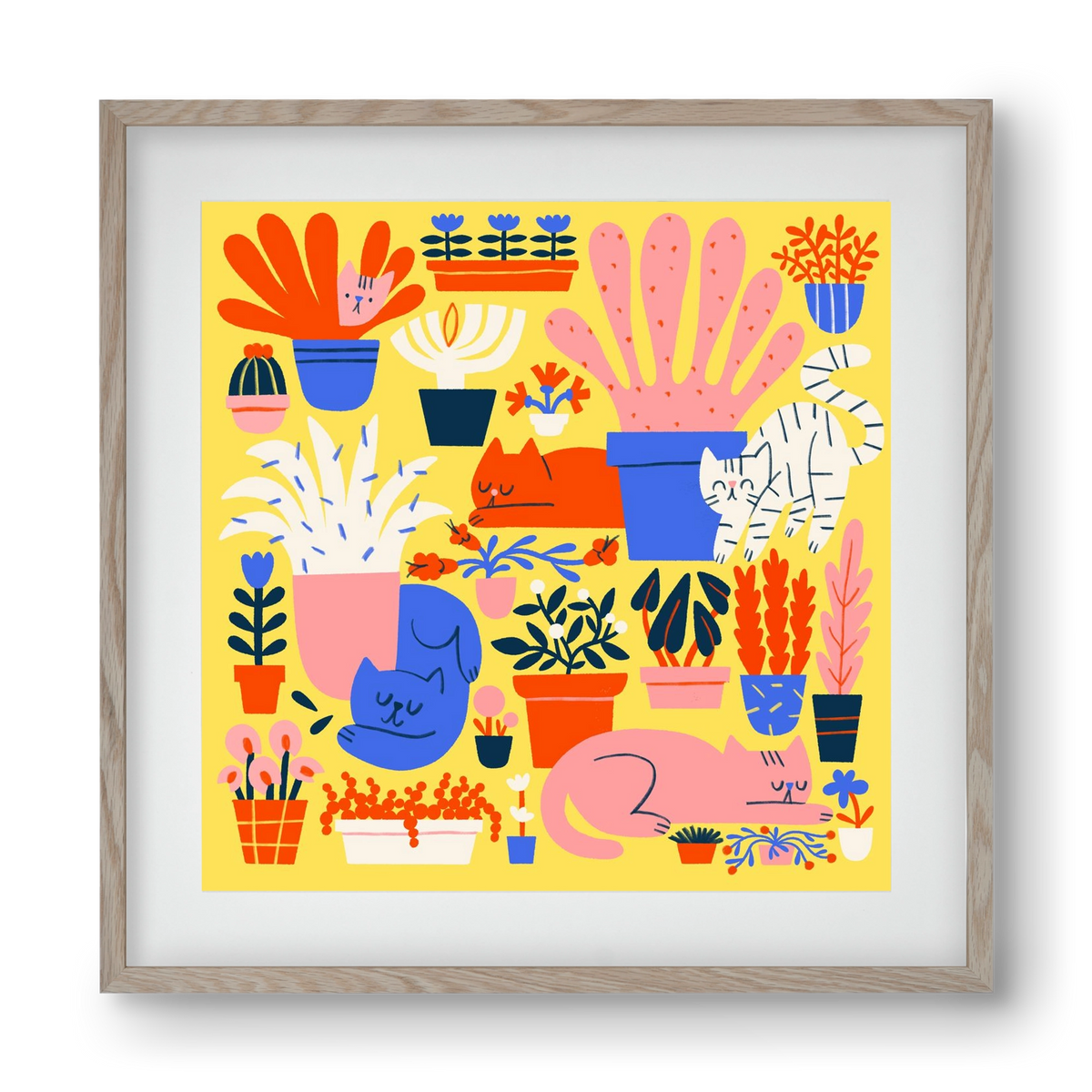 Five cats among flowers, 40x40 cm (30x30 cm), Tölgy keret, paszpartuval