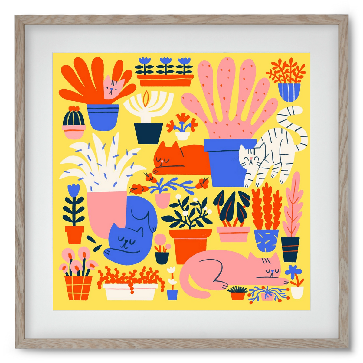 Five cats among flowers, 50x50 cm (40x40 cm), Tölgy keret, paszpartuval