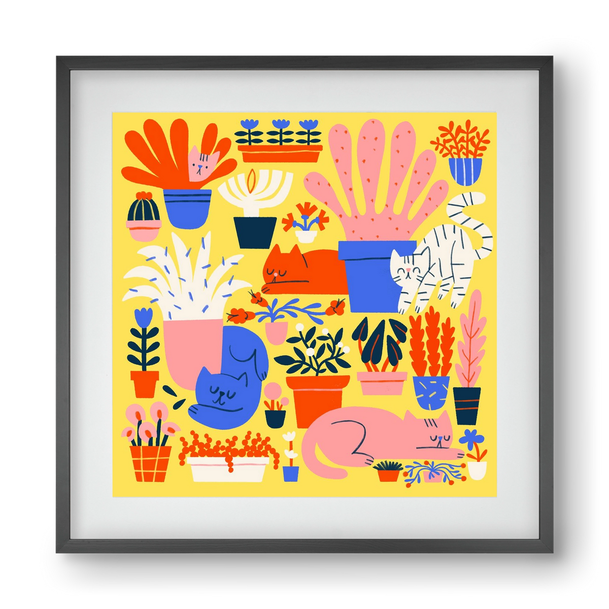 Five cats among flowers, 40x40 cm (30x30 cm), Fekete keret, paszpartuval