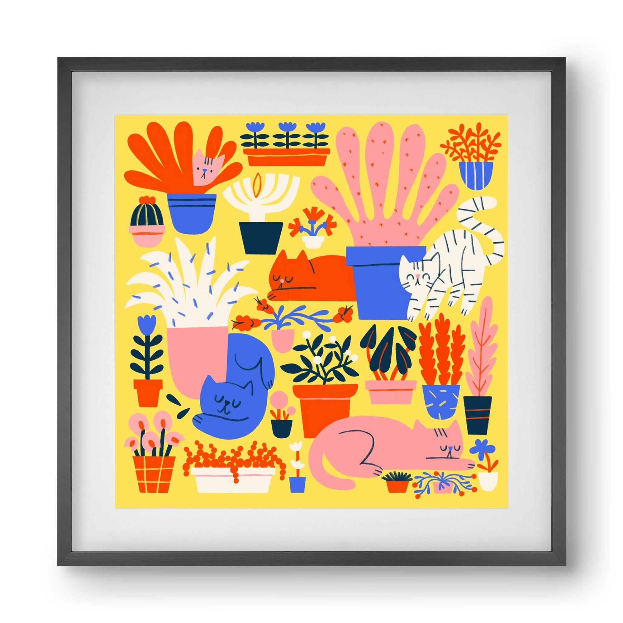 Five cats among flowers, 40x40 cm (30x30 cm), Fekete keret, paszpartuval