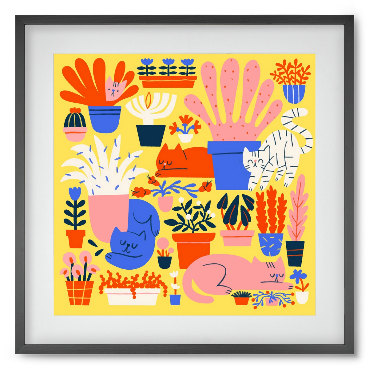 Five cats among flowers, 50x50 cm (40x40 cm), Fekete keret, paszpartuval