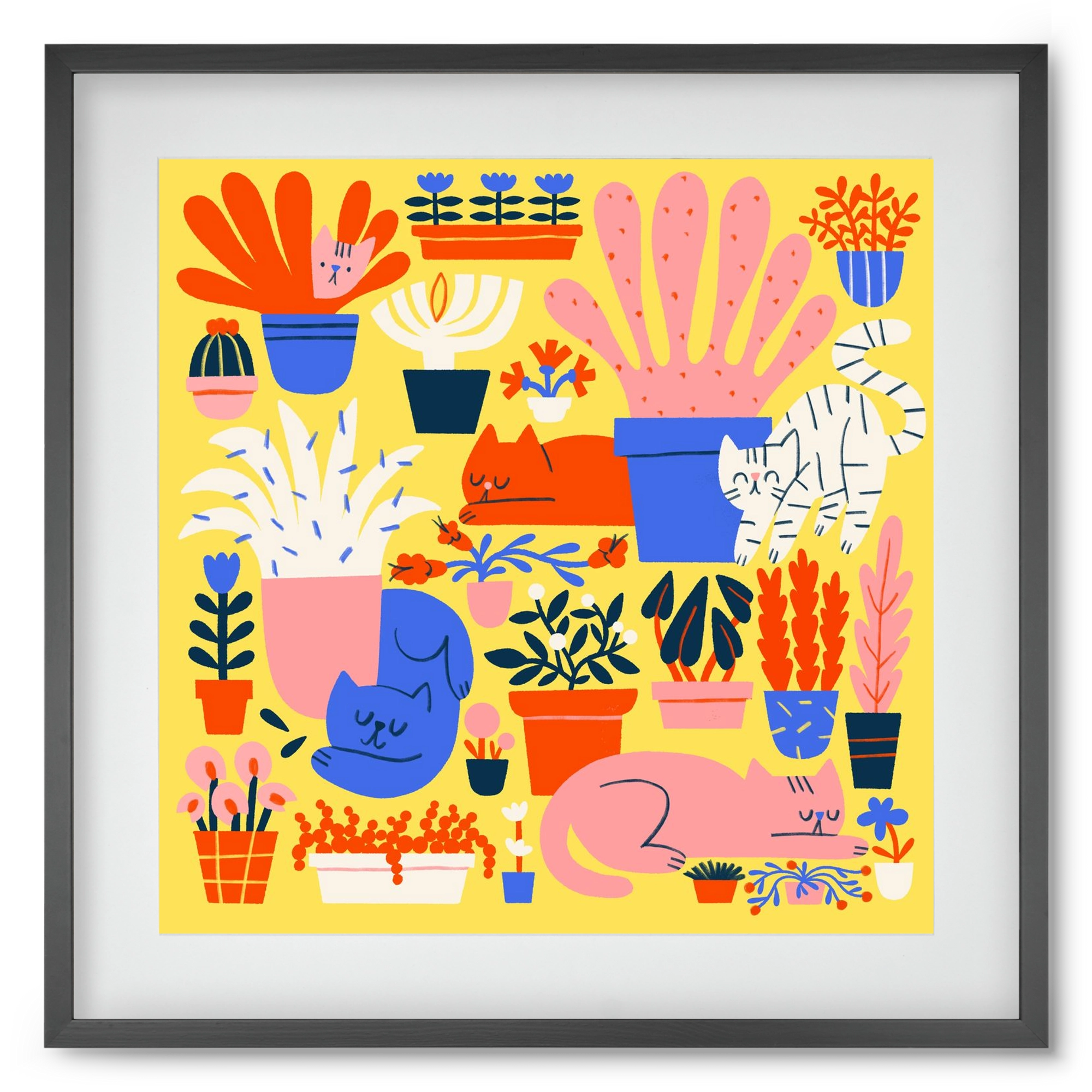 Five cats among flowers, 50x50 cm (40x40 cm), Fekete keret, paszpartuval