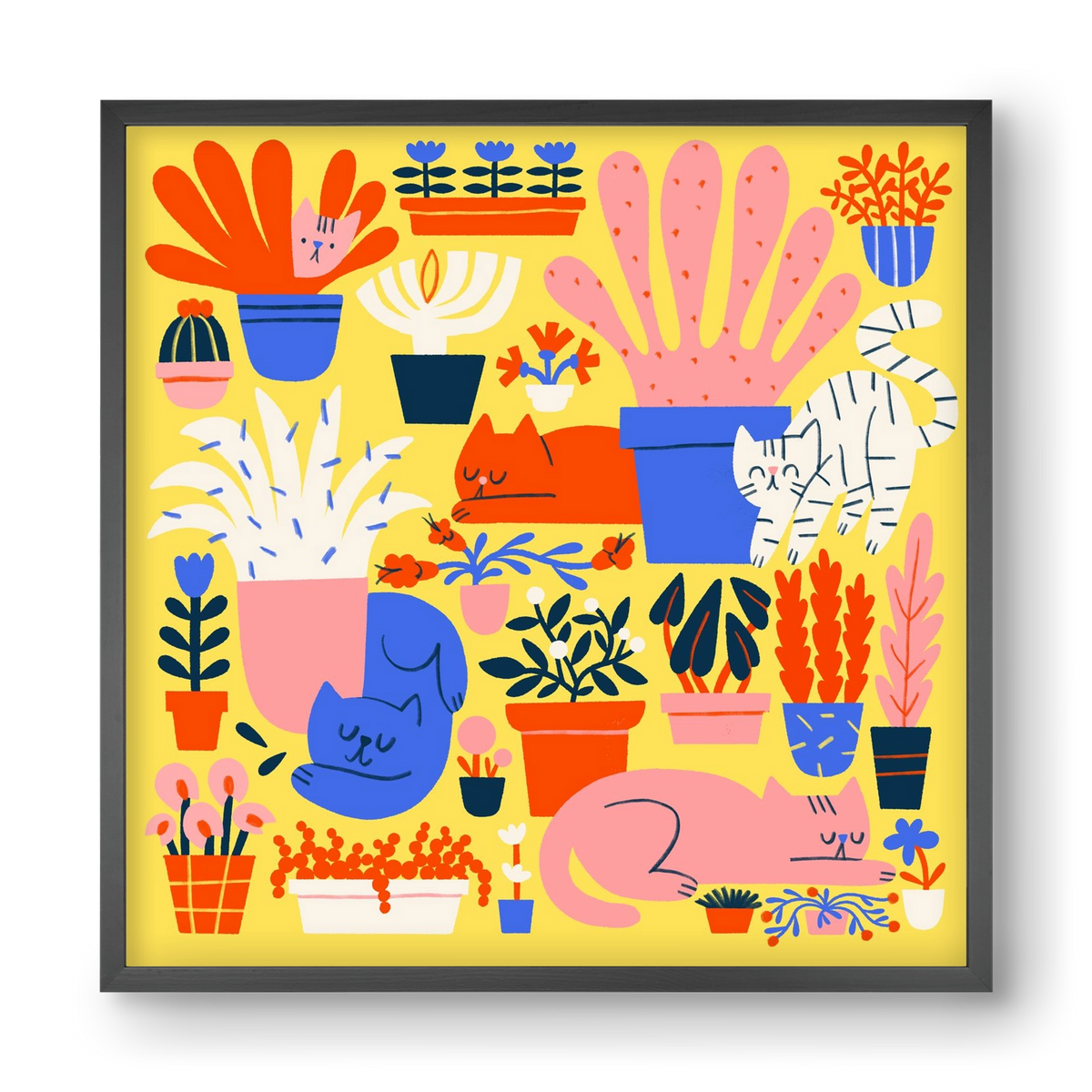 Five cats among flowers, 40x40 cm (40x40 cm), Fekete keret