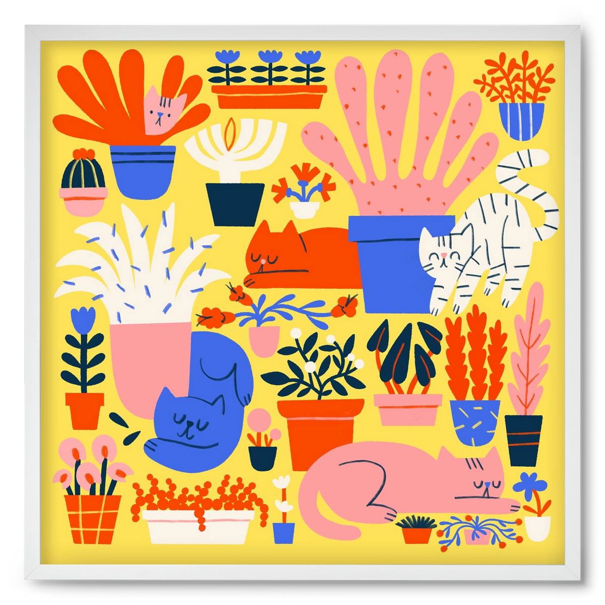 Five cats among flowers, 50x50 cm (50x50 cm), Fehér keret