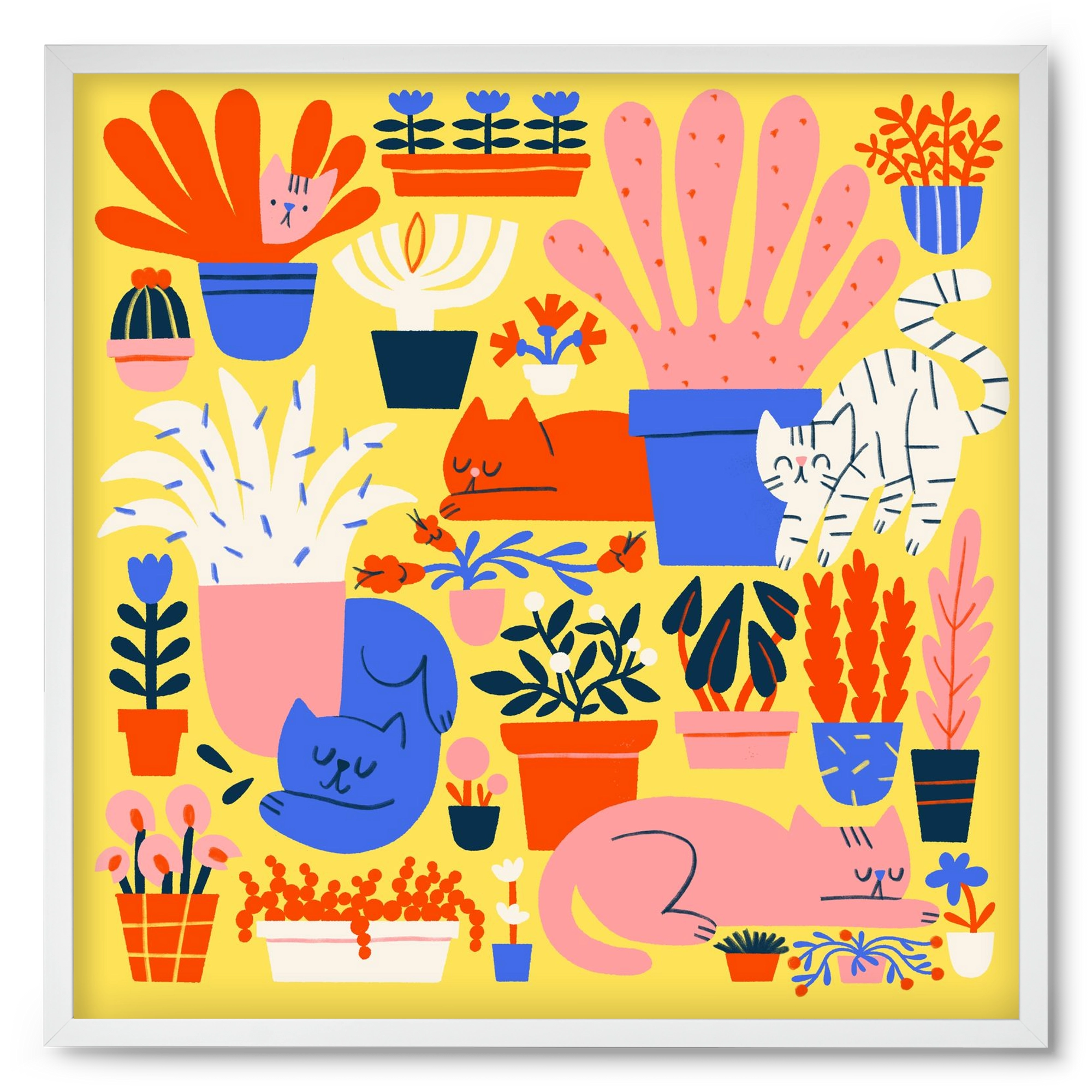 Five cats among flowers, 50x50 cm (50x50 cm), Fehér keret