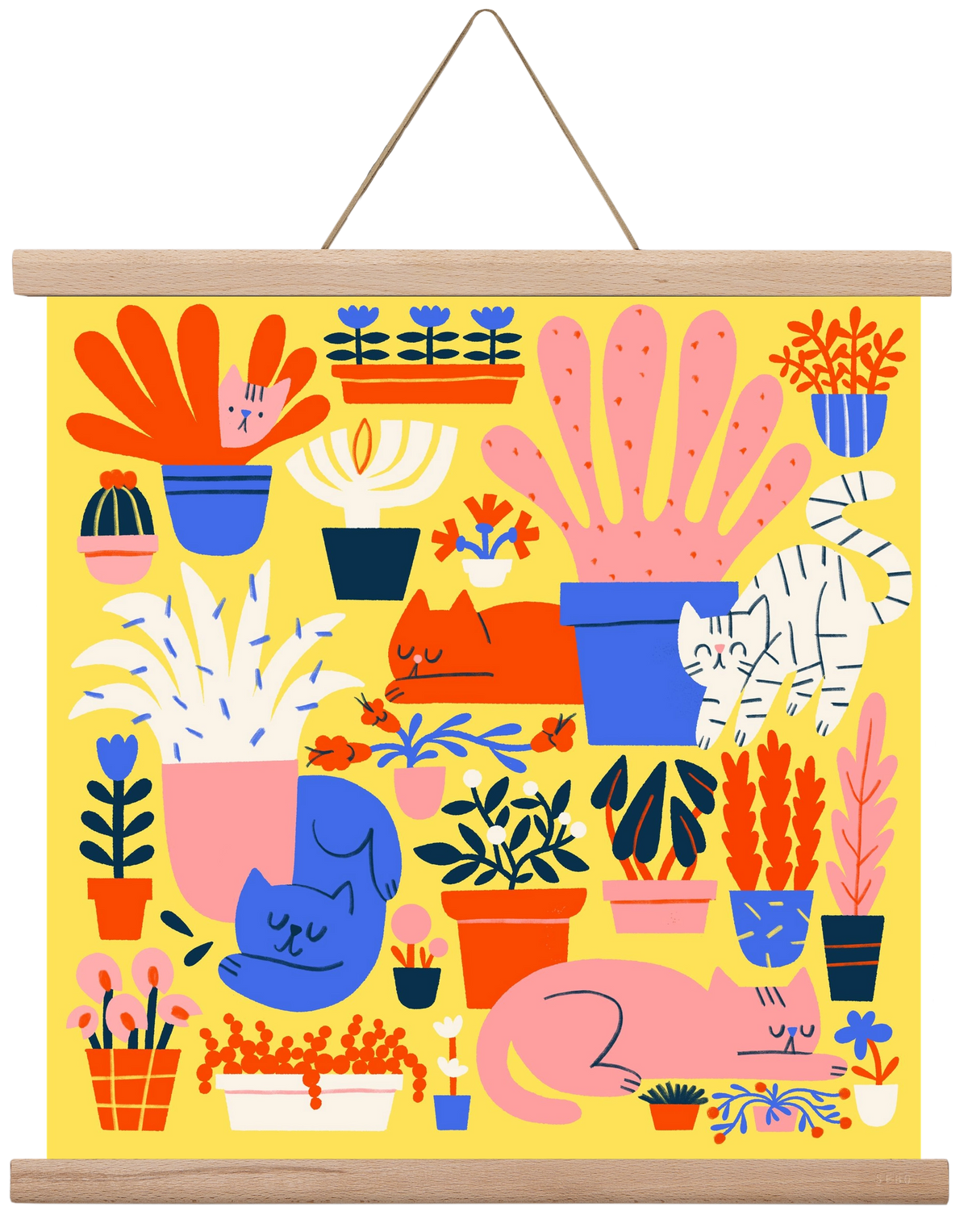 Five cats among flowers, 40x40 cm (40x40 cm), Tölgy akasztó