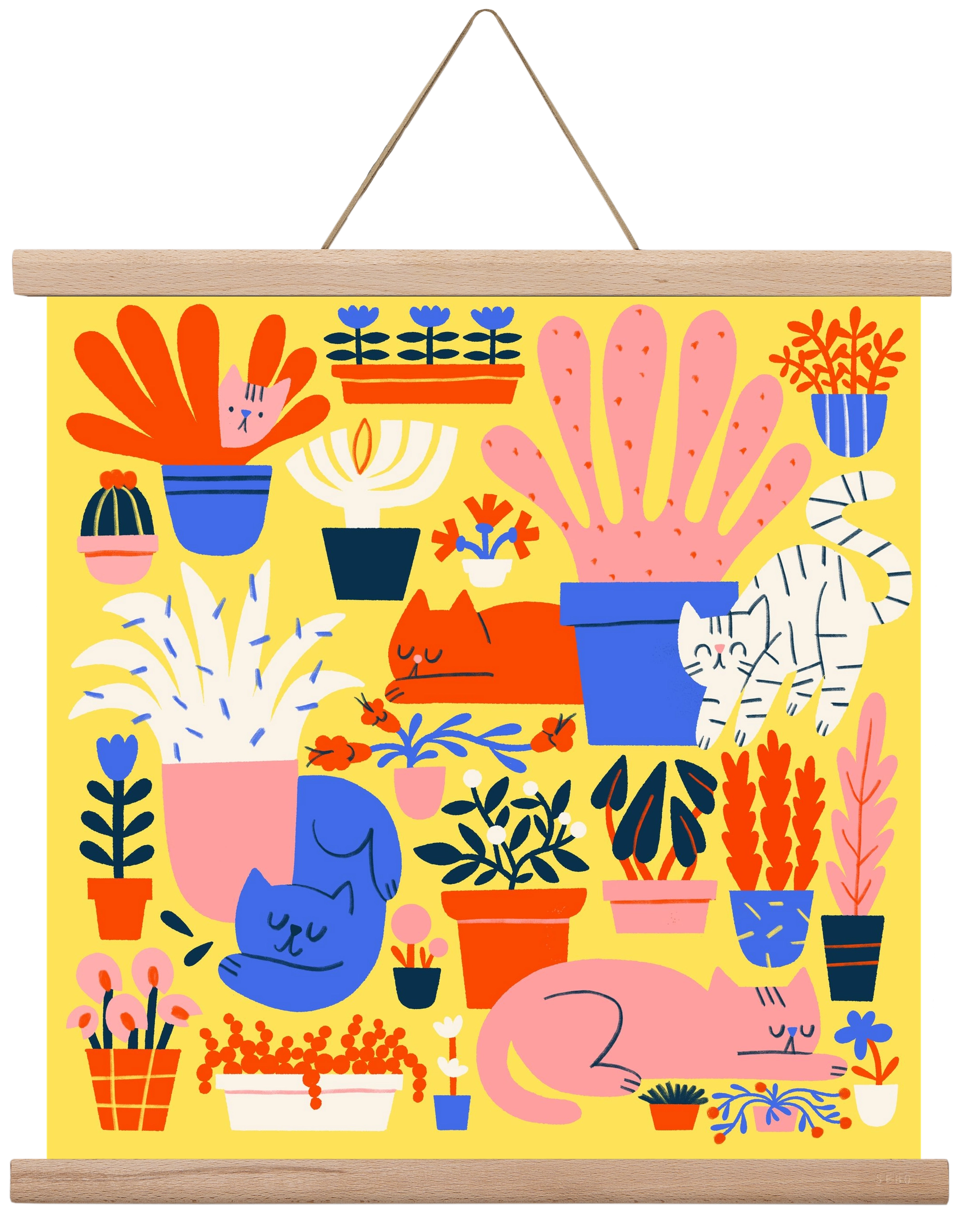 Five cats among flowers, 40x40 cm (40x40 cm), Tölgy akasztó