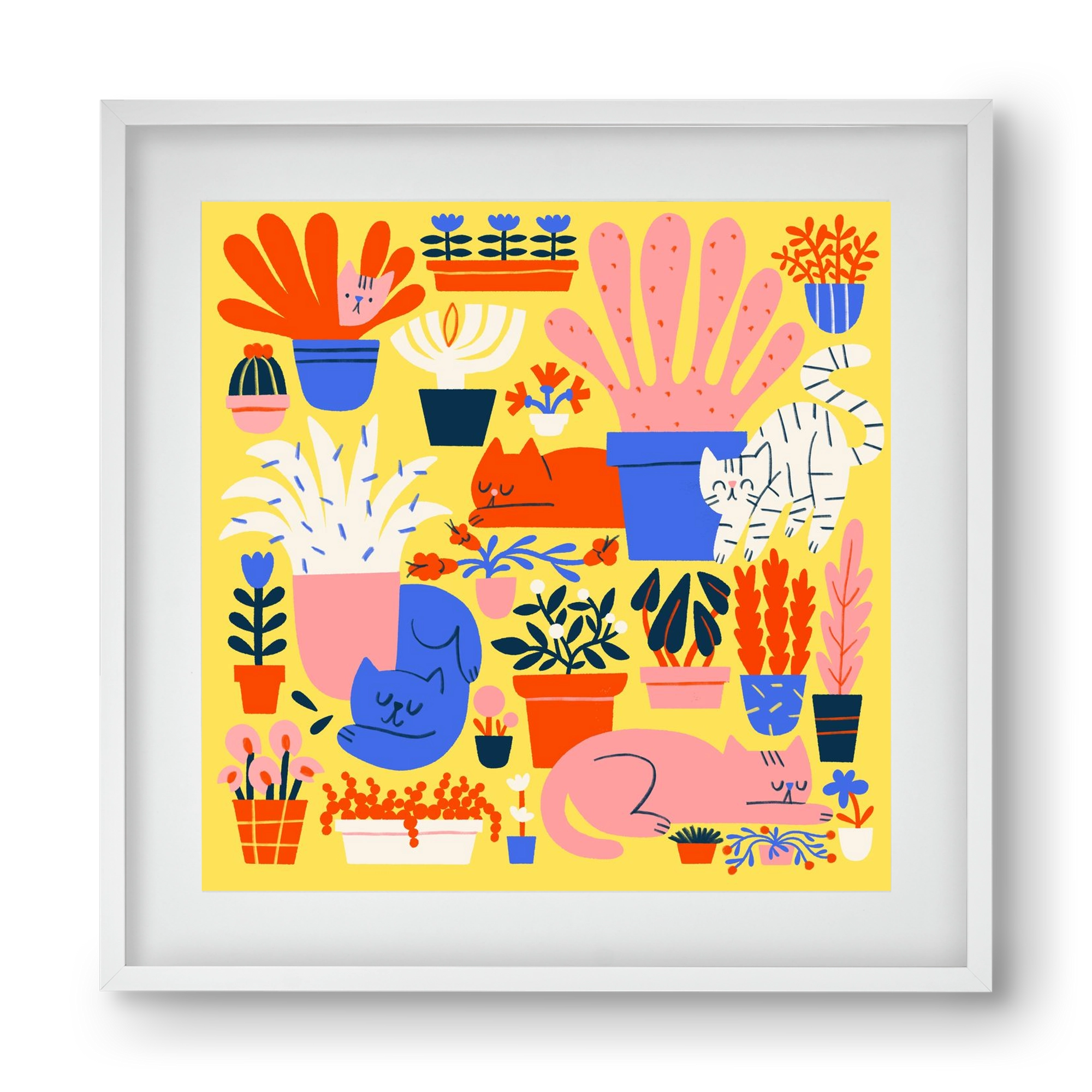 Five cats among flowers, 40x40 cm (30x30 cm), Fehér keret, paszpartuval