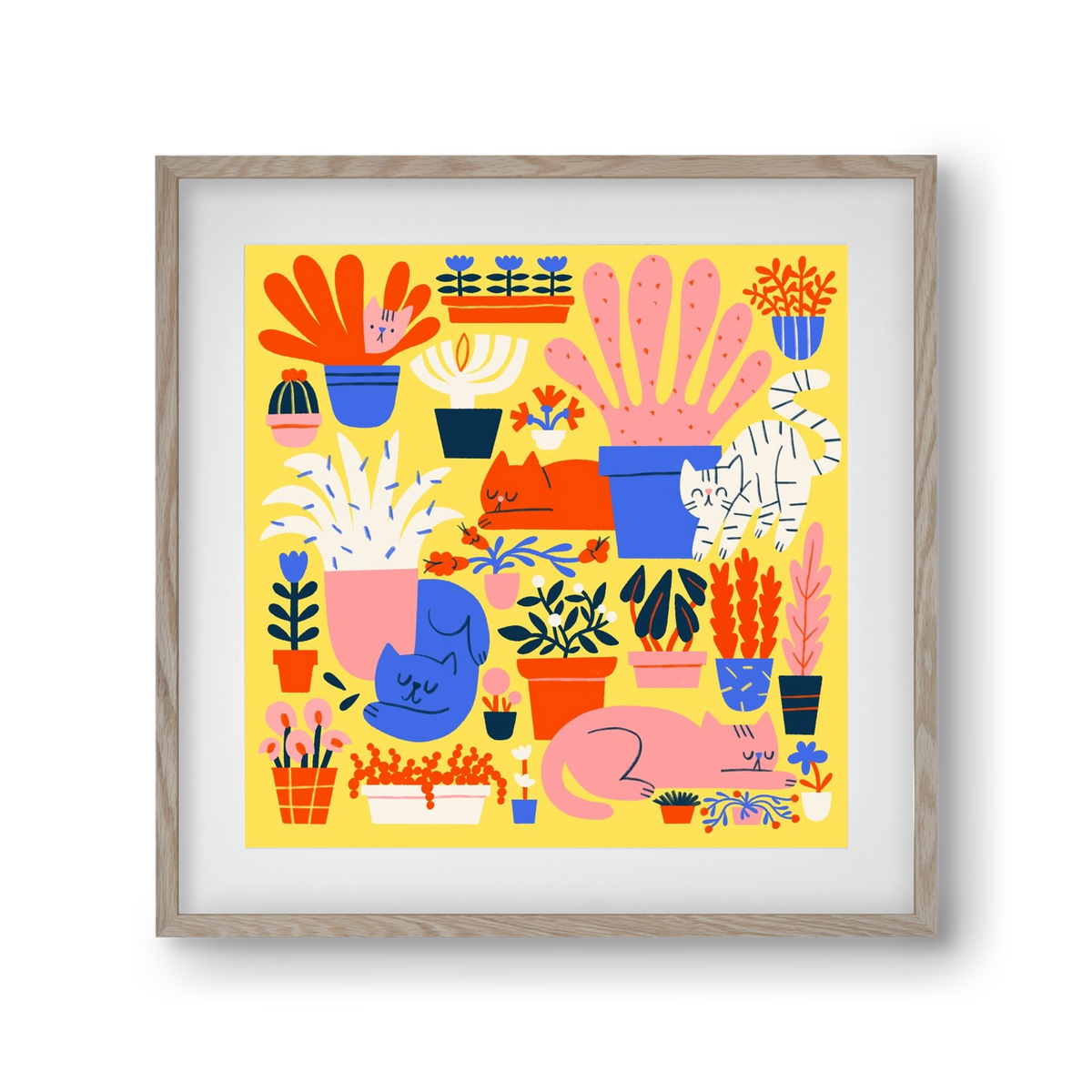 Five cats among flowers, 30x30 cm (20x20 cm), Tölgy keret, paszpartuval