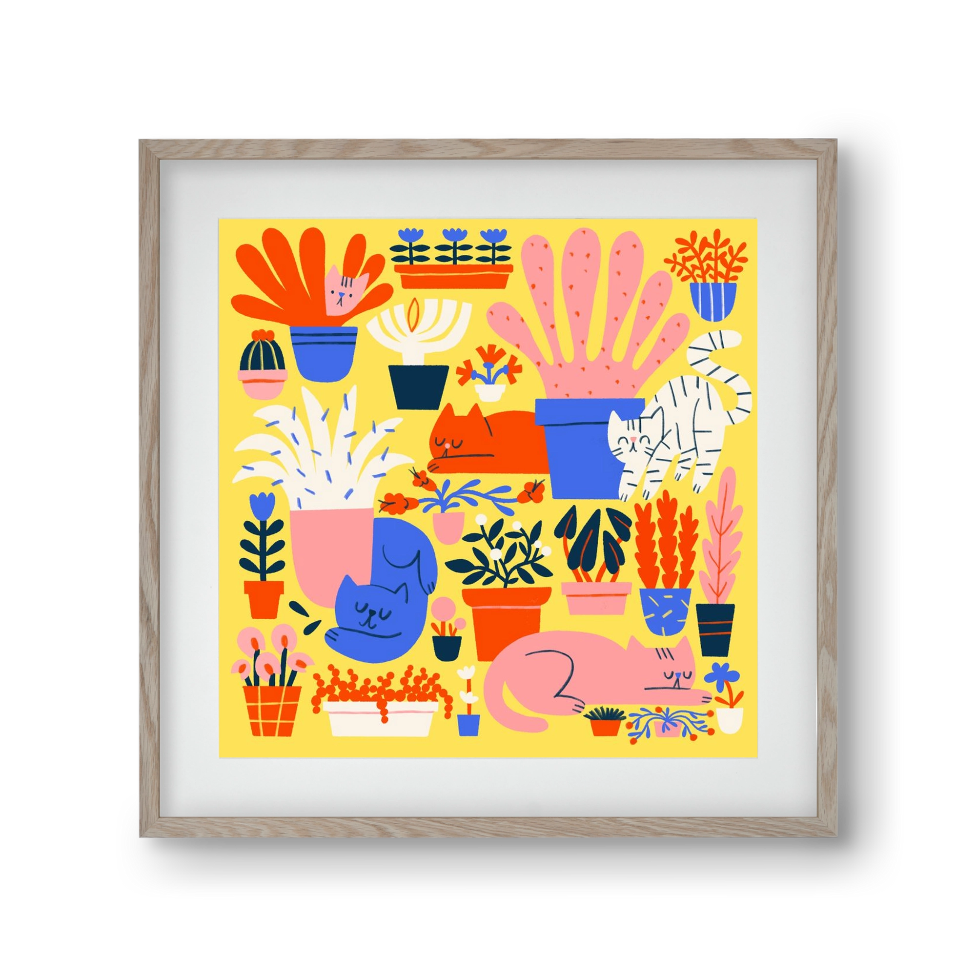 Five cats among flowers, 30x30 cm (20x20 cm), Tölgy keret, paszpartuval