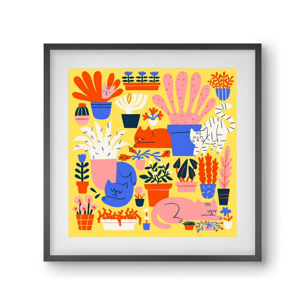 Five cats among flowers, 30x30 cm (20x20 cm), Fekete keret, paszpartuval