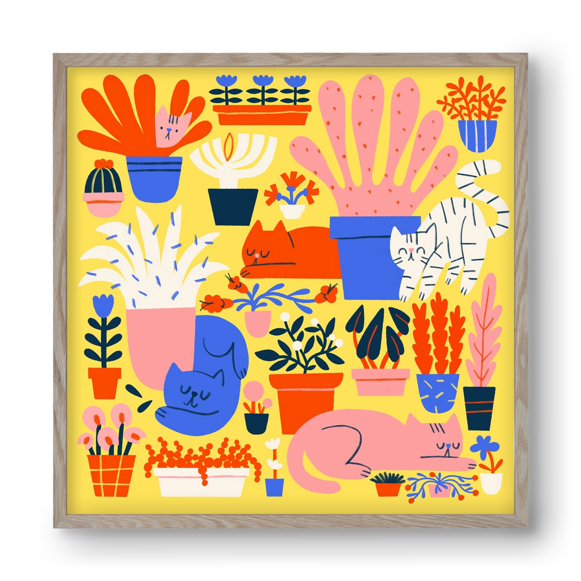 Five cats among flowers, 40x40 cm (40x40 cm), Tölgy keret