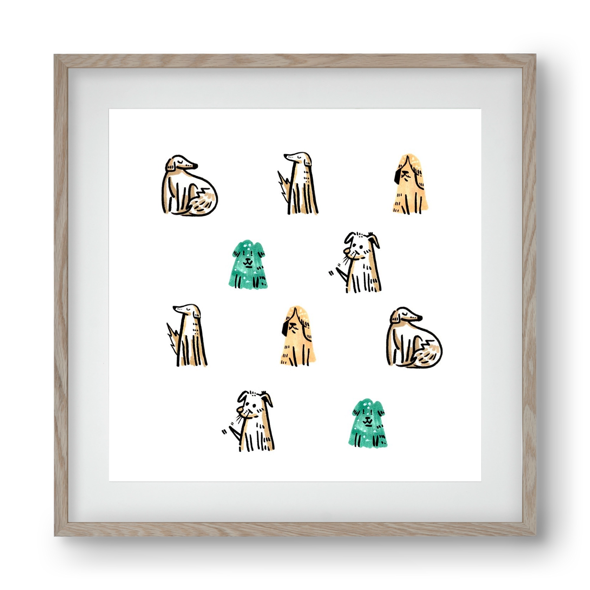 Kutyák, 40x40 cm (30x30 cm), Tölgy keret, paszpartuval