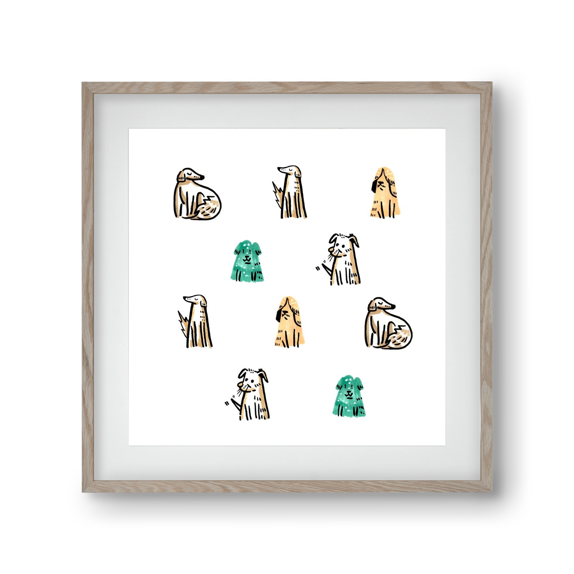 Kutyák, 30x30 cm (20x20 cm), Tölgy keret, paszpartuval