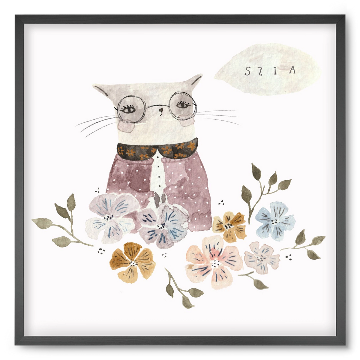 Cica virágok közt, 50x50 cm (50x50 cm), Fekete keret