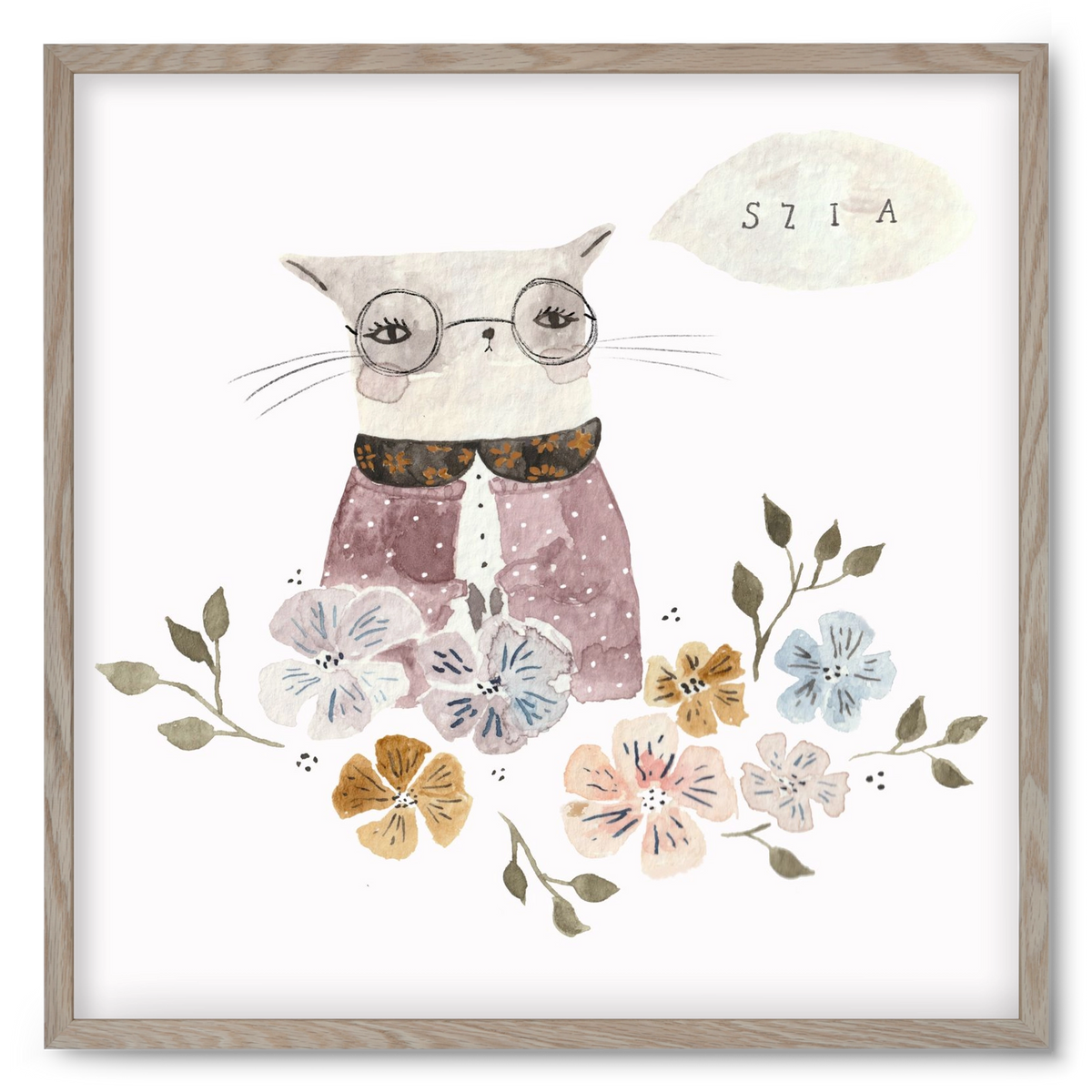 Cica virágok közt, 50x50 cm (50x50 cm), Tölgy keret