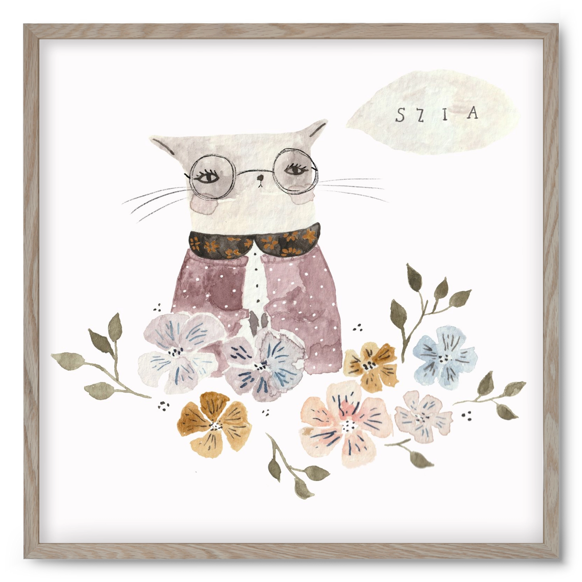 Cica virágok közt, 50x50 cm (50x50 cm), Tölgy keret