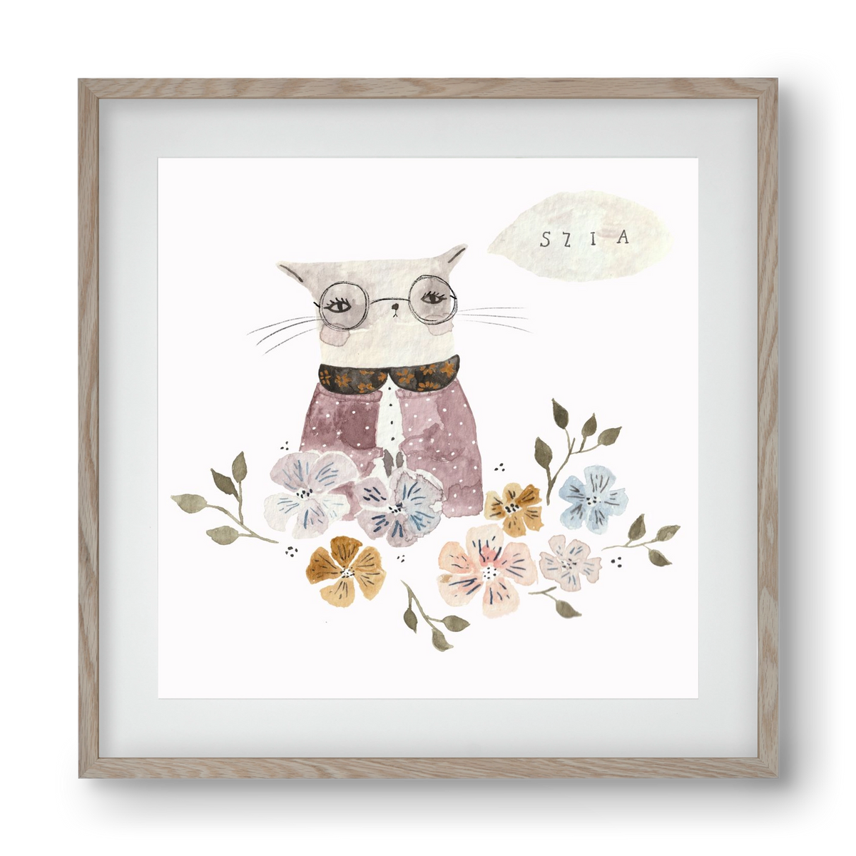 Cica virágok közt, 40x40 cm (30x30 cm), Tölgy keret, paszpartuval