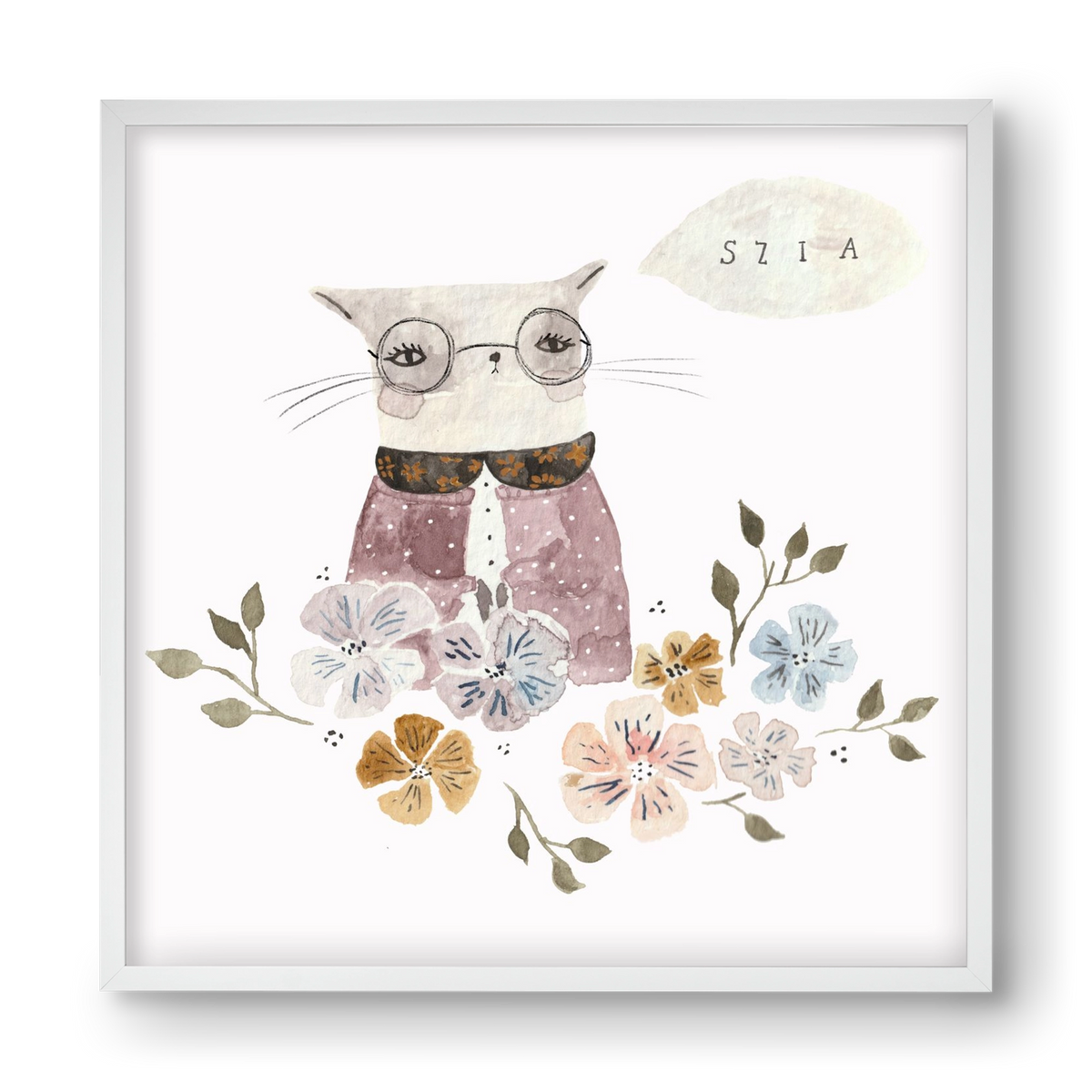Cica virágok közt, 40x40 cm (40x40 cm), Fehér keret