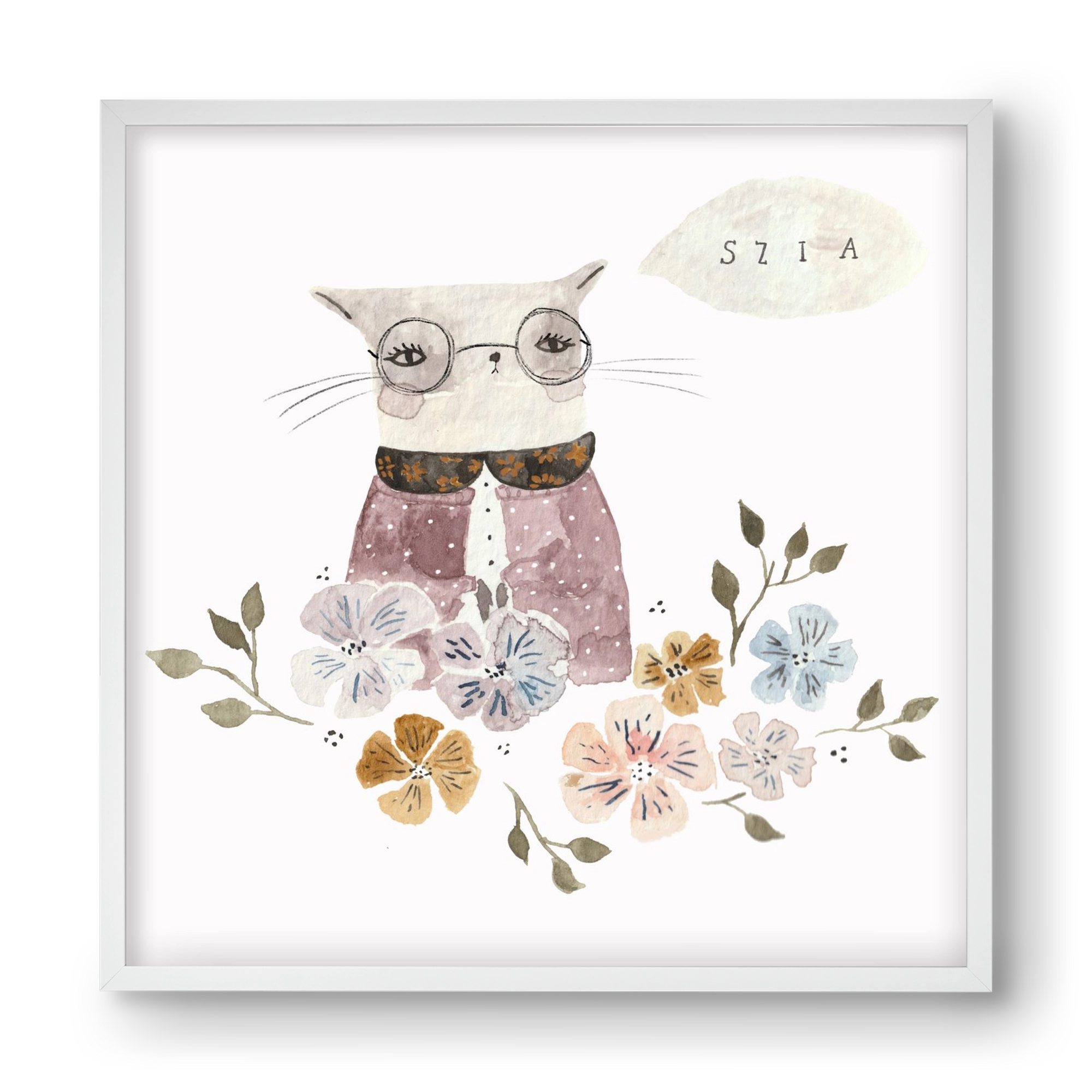 Cica virágok közt, 40x40 cm (40x40 cm), Fehér keret