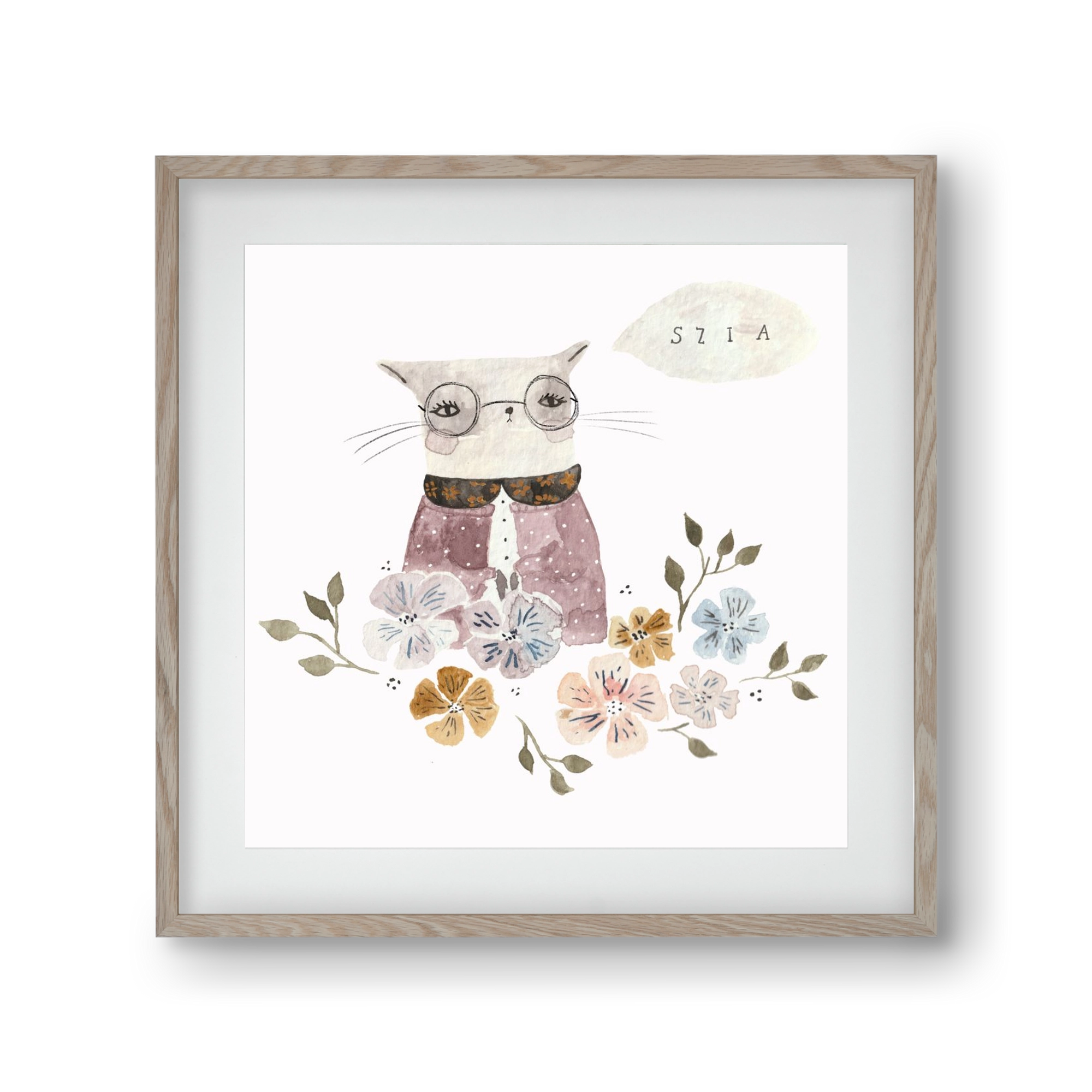 Cica virágok közt, 30x30 cm (20x20 cm), Tölgy keret, paszpartuval