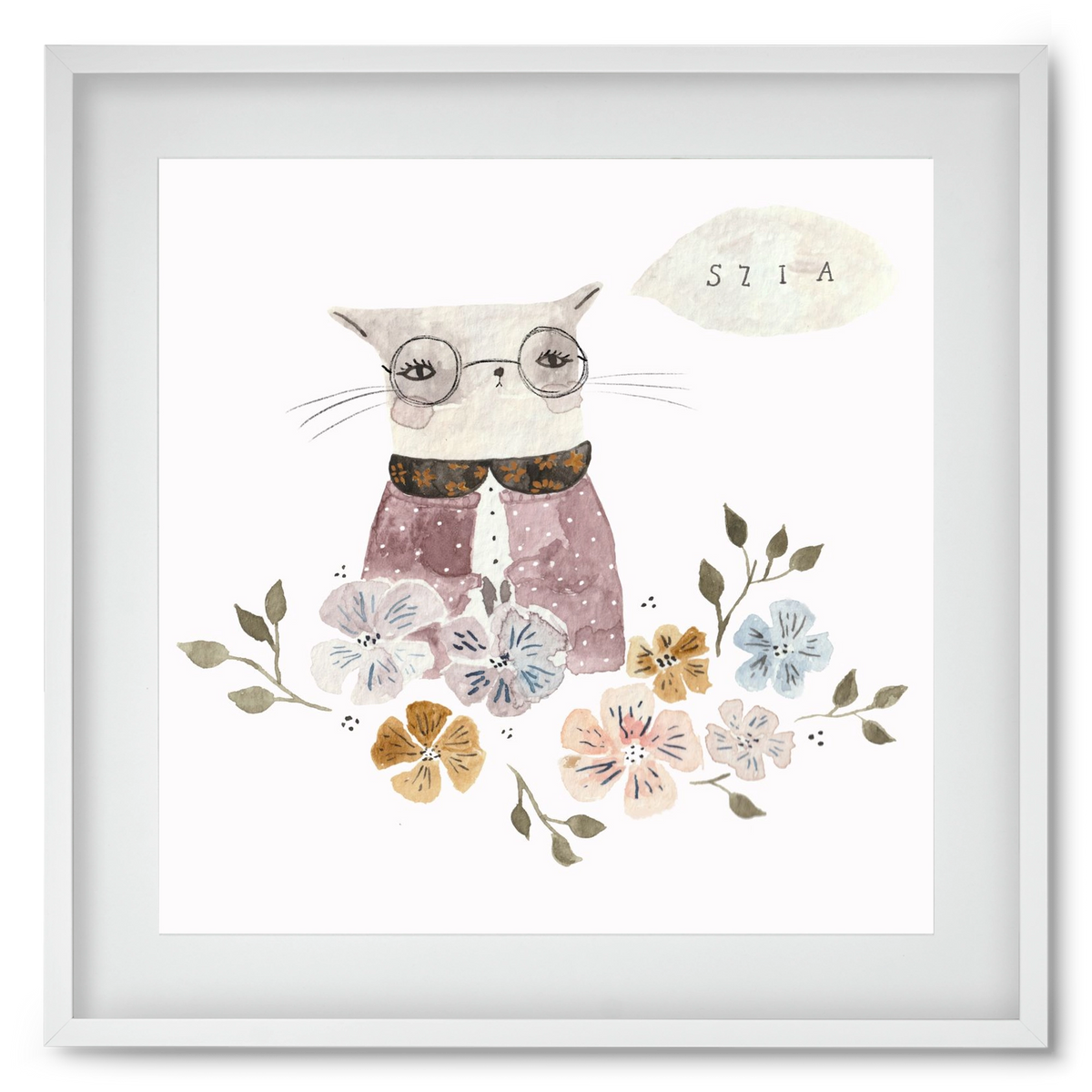Cica virágok közt, 50x50 cm (40x40 cm), Fehér keret, paszpartuval