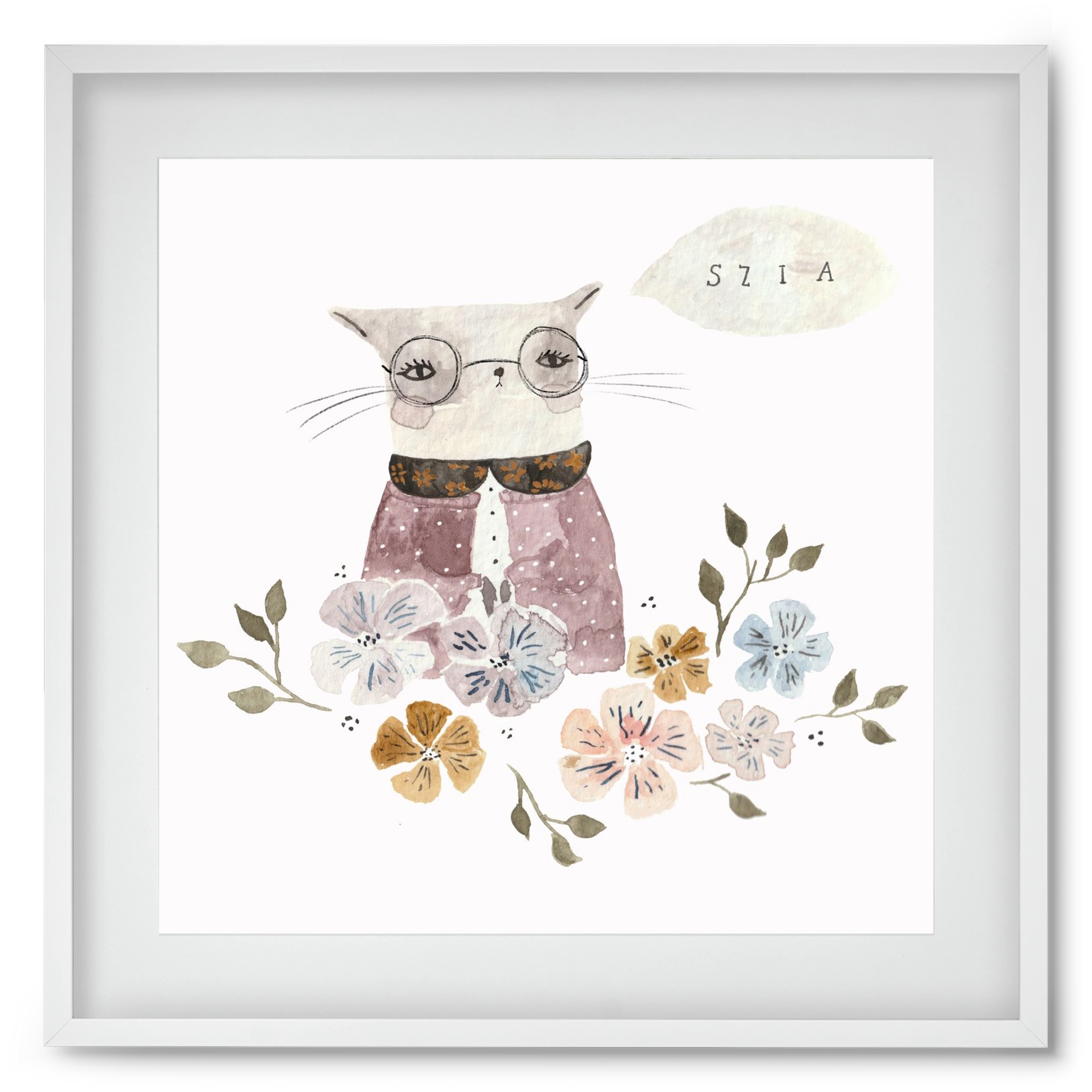 Cica virágok közt, 50x50 cm (40x40 cm), Fehér keret, paszpartuval