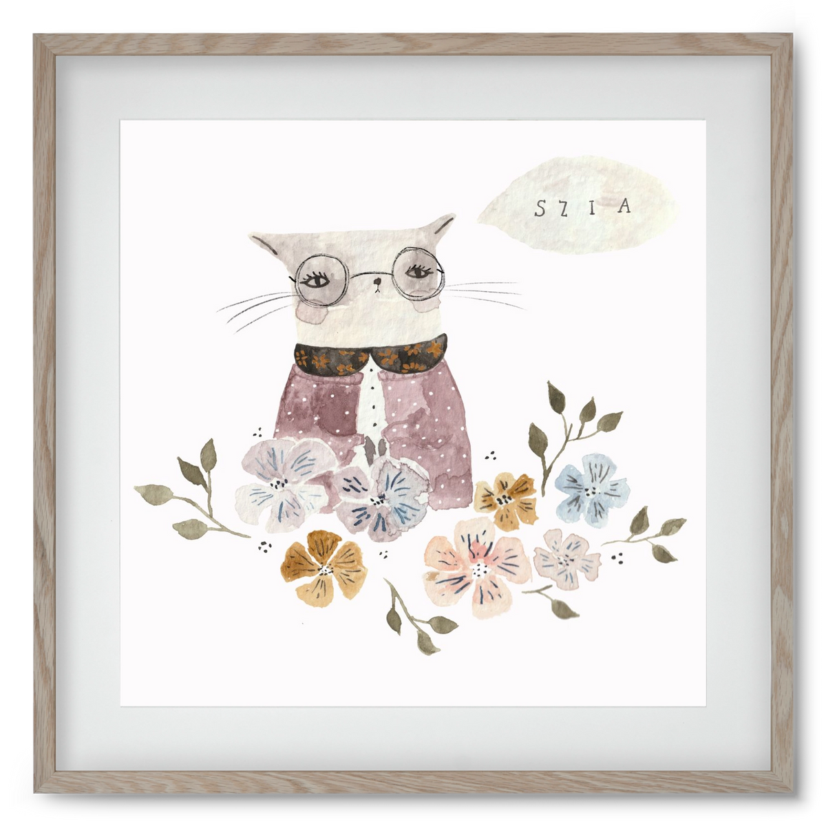 Cica virágok közt, 50x50 cm (40x40 cm), Tölgy keret, paszpartuval