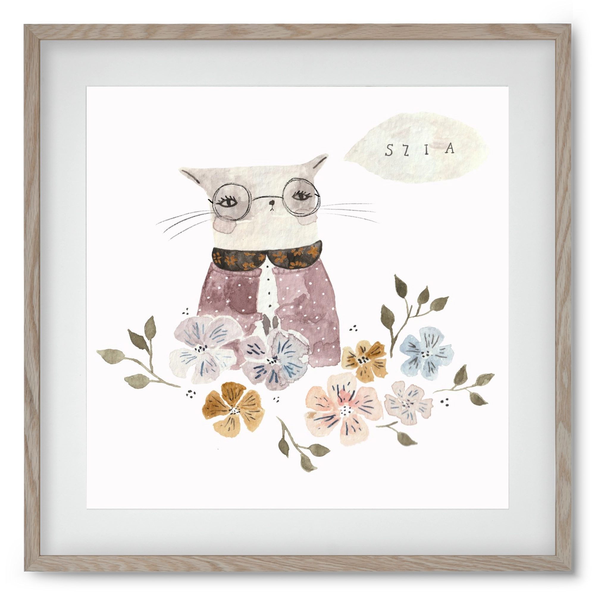 Cica virágok közt, 50x50 cm (40x40 cm), Tölgy keret, paszpartuval