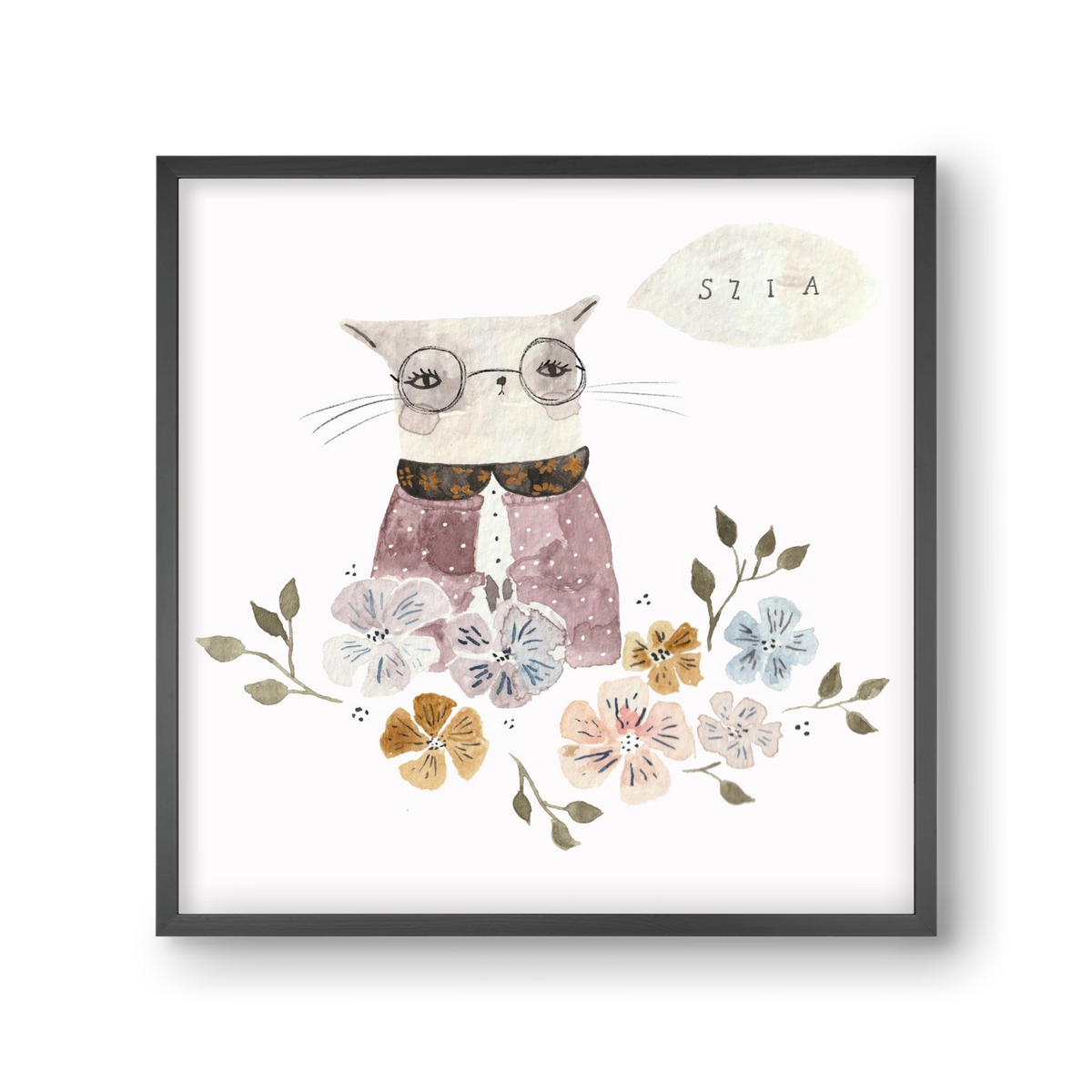 Cica virágok közt, 30x30 cm (30x30 cm), Fekete keret