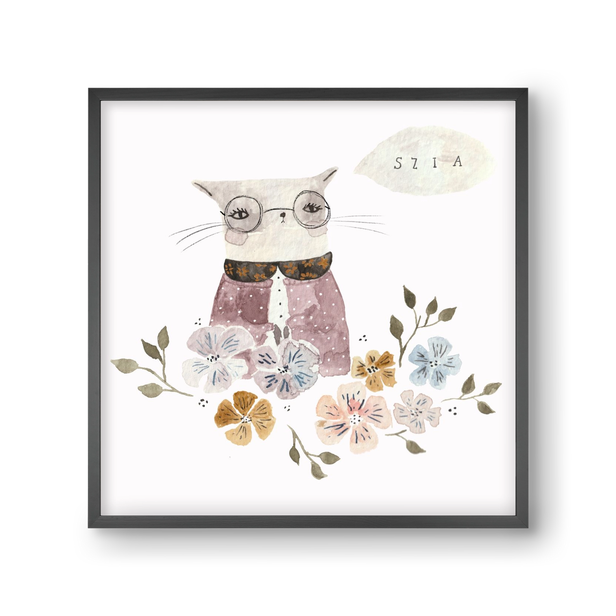 Cica virágok közt, 30x30 cm (30x30 cm), Fekete keret