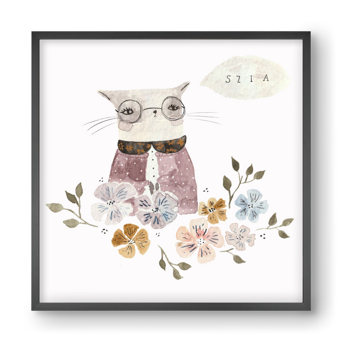 Cica virágok közt, 40x40 cm (40x40 cm), Fekete keret