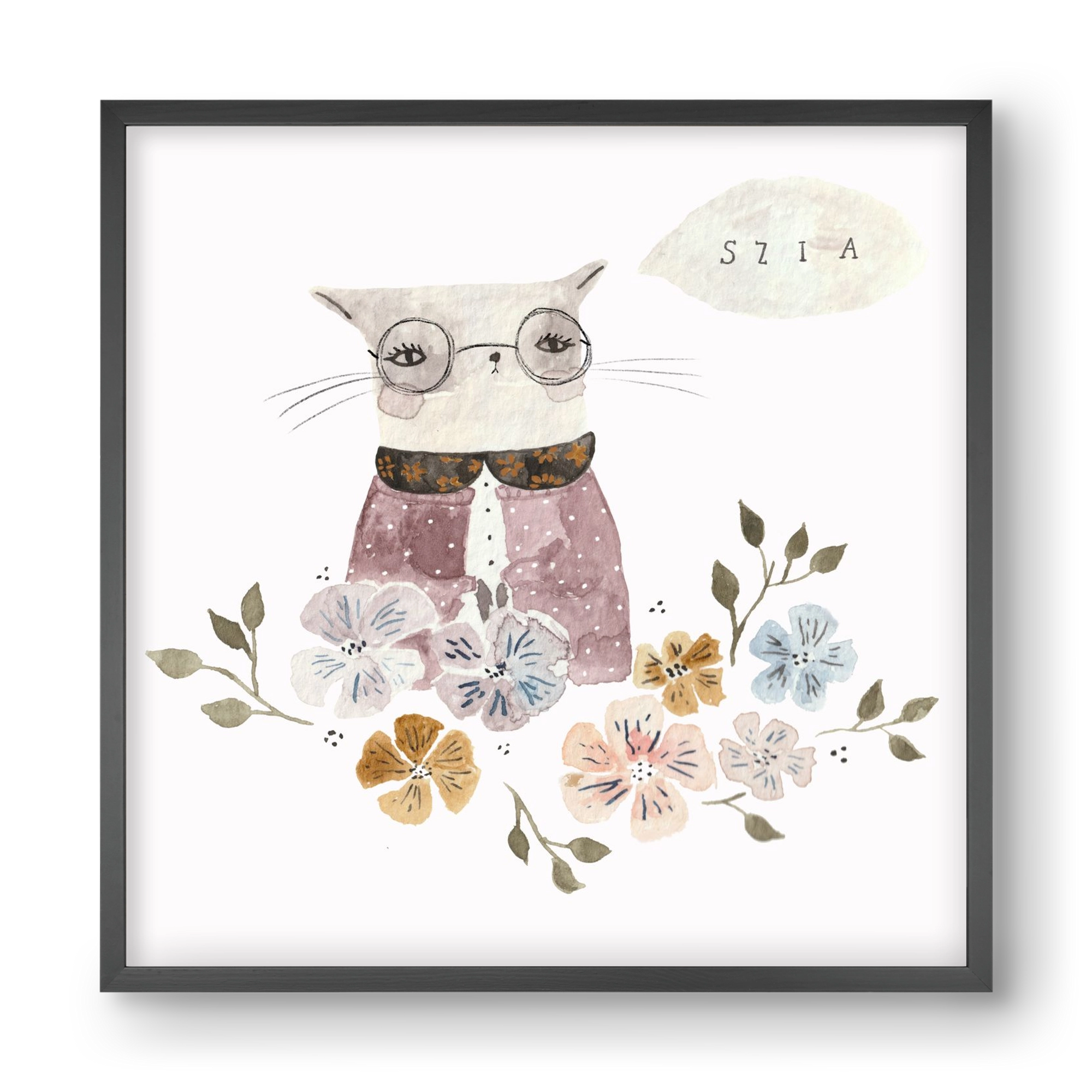 Cica virágok közt, 40x40 cm (40x40 cm), Fekete keret