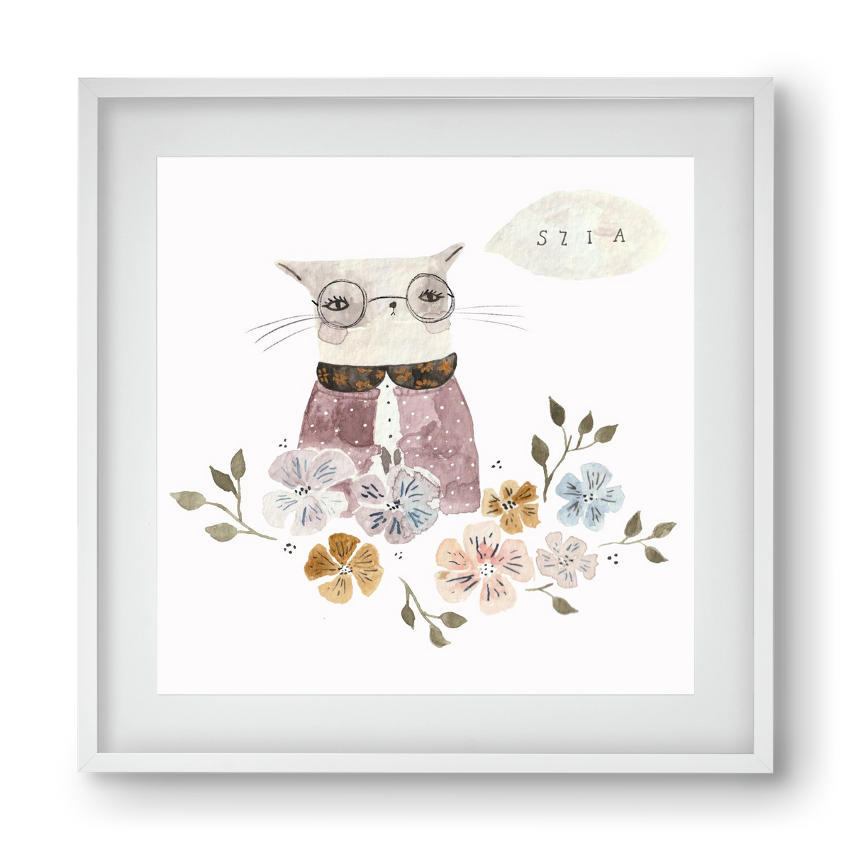 Cica virágok közt, 40x40 cm (30x30 cm), Fehér keret, paszpartuval