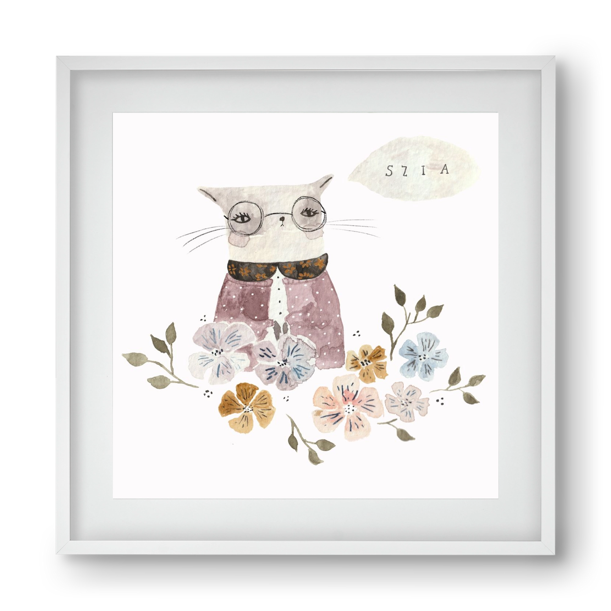 Cica virágok közt, 40x40 cm (30x30 cm), Fehér keret, paszpartuval